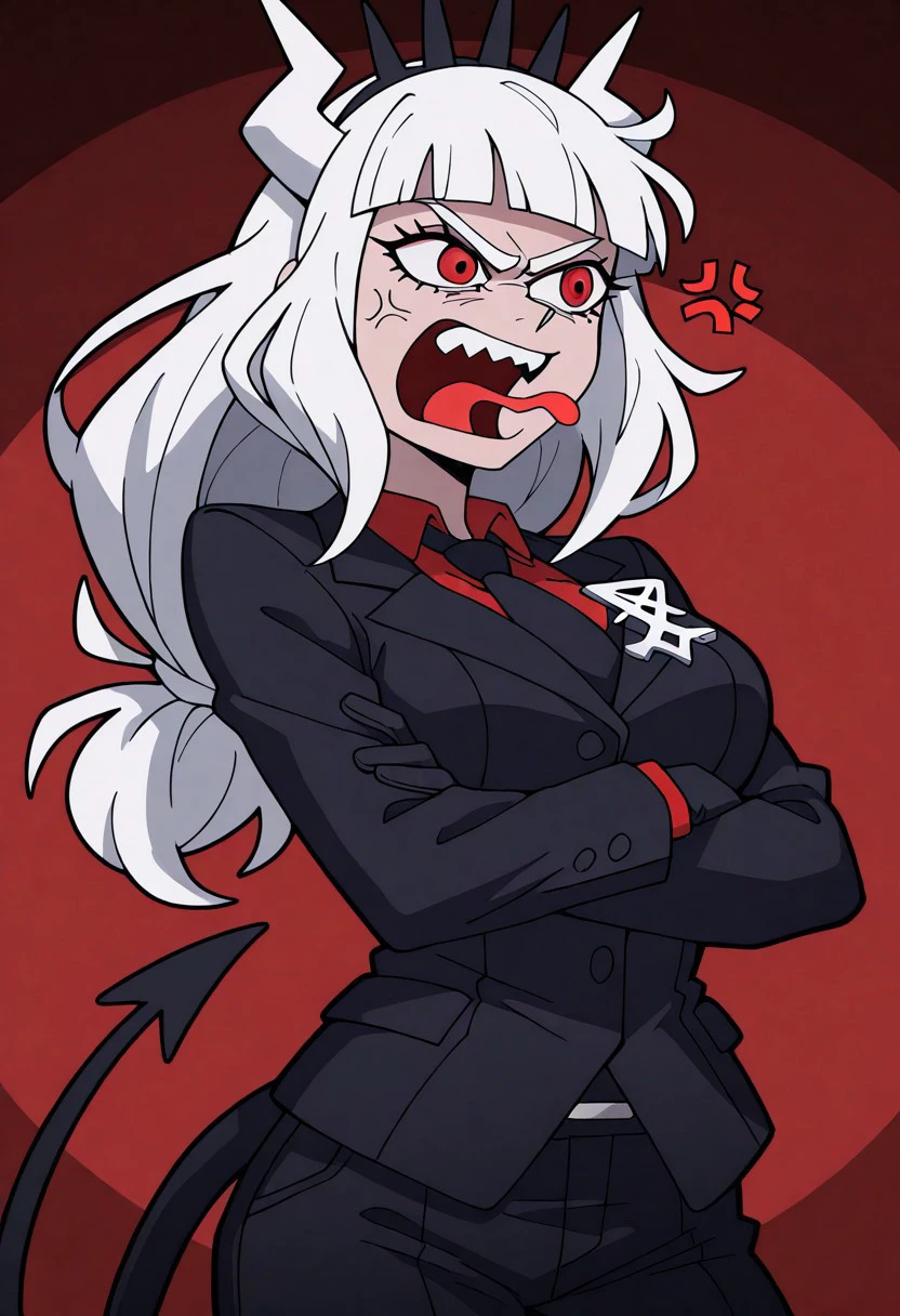 masterpiece, best quality, newest, absurdres, highres, anime, anime style, REEEEEEEEEEEEE-V1.1, angry, scream, tongue, tongue out, open mouth, anger vein, 1girl, lucifer \(helltaker\), black suit, red necktie, black collared shirt, black gloves, blunt bangs, demon horns, demon girl, demon tail, sharp teeth, red eyes, white hair, long hair