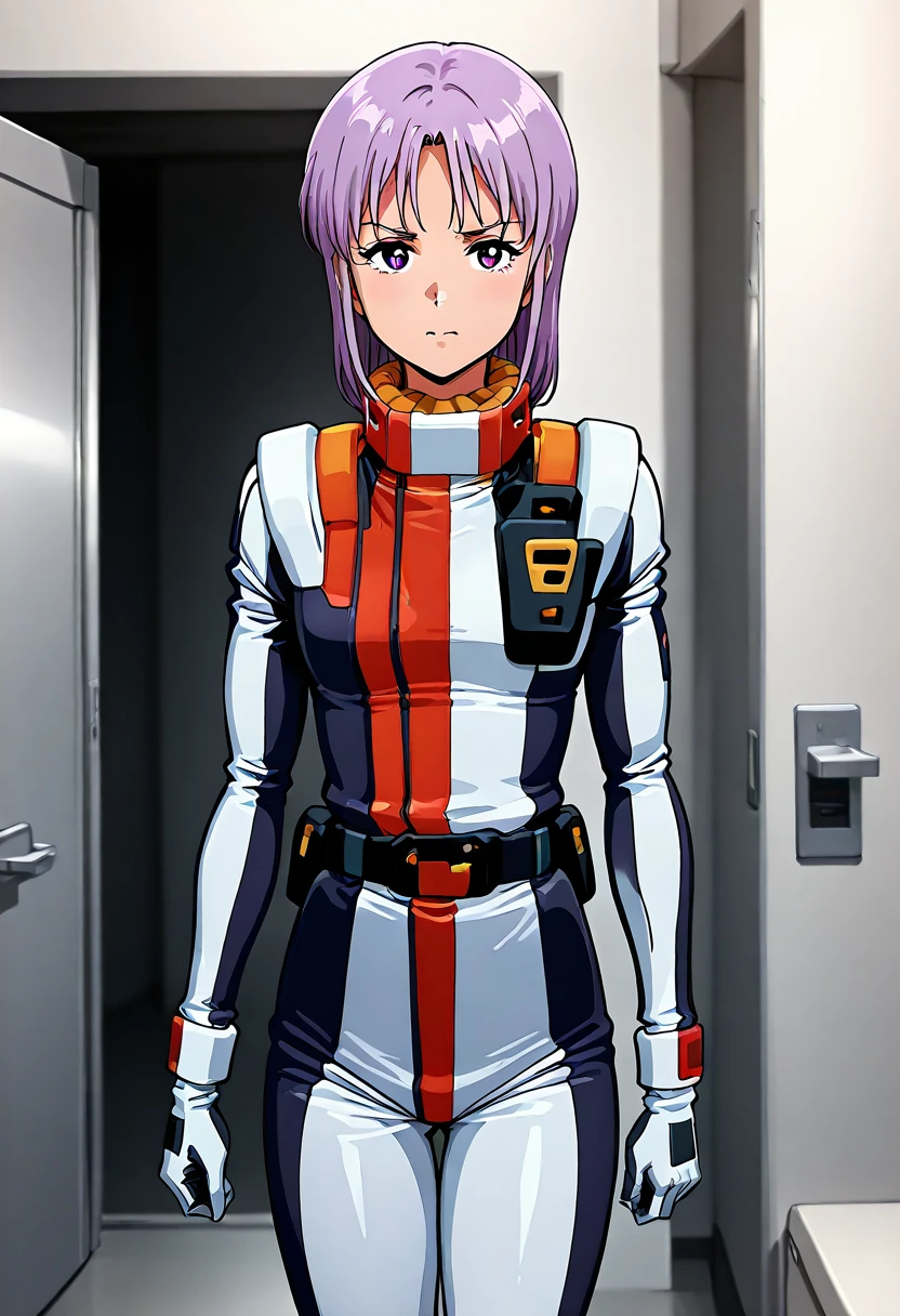 masterpiece, best quality, good quality, yurii ajissah, purple hair, medium hair, purple eyes, londobell pilotsuit, amuro pilotsuit