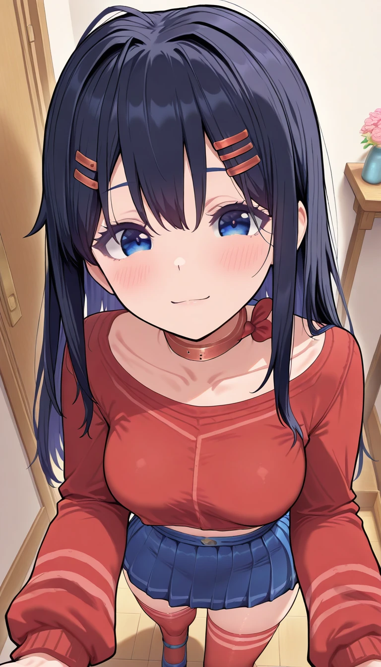 (masterpiece),best quality,amazing quality,very aesthetic,absurdres,newest,perfect body,shiny skin,perfect eyes,detail1eye,well-defined fingers,well-defined fingernails,anime style,indoors,1girl,solo,upper body,(portrait:1.5),looking at viewer,facing viewer,light smile,blush,Kind Mita,black hair,long hair,straight hair,hair ornament,hairclip,sidelocks,hair between eyes,bangs,blue eyes,close mouth,red choker,collarbone,red shirt,midriff,medium breasts,long sleeves,standing,miniskirt,blue skirt,pleated skirt,red thighhighs,zettai ryouiki,mary janes,blue footwear,<lora:Mita(miside)-Illus-Remake:2>,