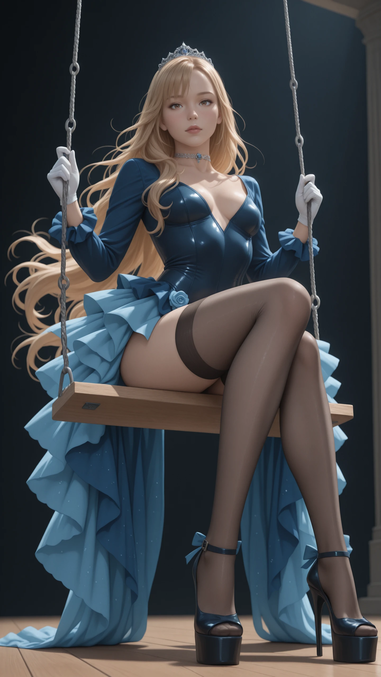 ((最high quality, 8K, masterpiece: 1.3, Ultra HD, high quality, 最high quality, High resolution, realism)) 、25-year-old Caucasian female、Platinum Blonde、blue eyes、long hair、smile、slender、A voluptuous, feminine body、I want my head to stay off screen、手首にアクセサリーapply、Wearing red nail polish、I have a peticure、anklet((anklet))apply、Wear an off-the-shoulder bodysuit like a bustier、お尻に丸い尻尾の飾りをapply、Hairband in the shape of rabbit ears、Collar with bow tie、cuffs、Fishnet tights、High heels、Pastel blue background