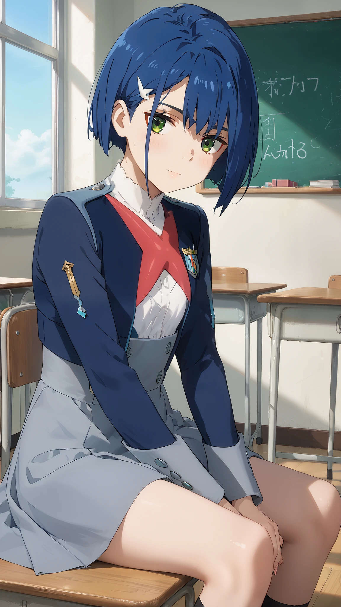 score_9, score_8_up, score_7_up, source_anime, masterpiece, best quality, perfect anatomy, very aesthetic, absurdres, 1girl, solo,
ichigo_franxx, blue hair, short hair, hairpin, green eyes,
military uniform, white blouse, two tone jacket, gray and blue jacket, gray skirt,
indoors, classroom, looking at viewer, cowboy shot,