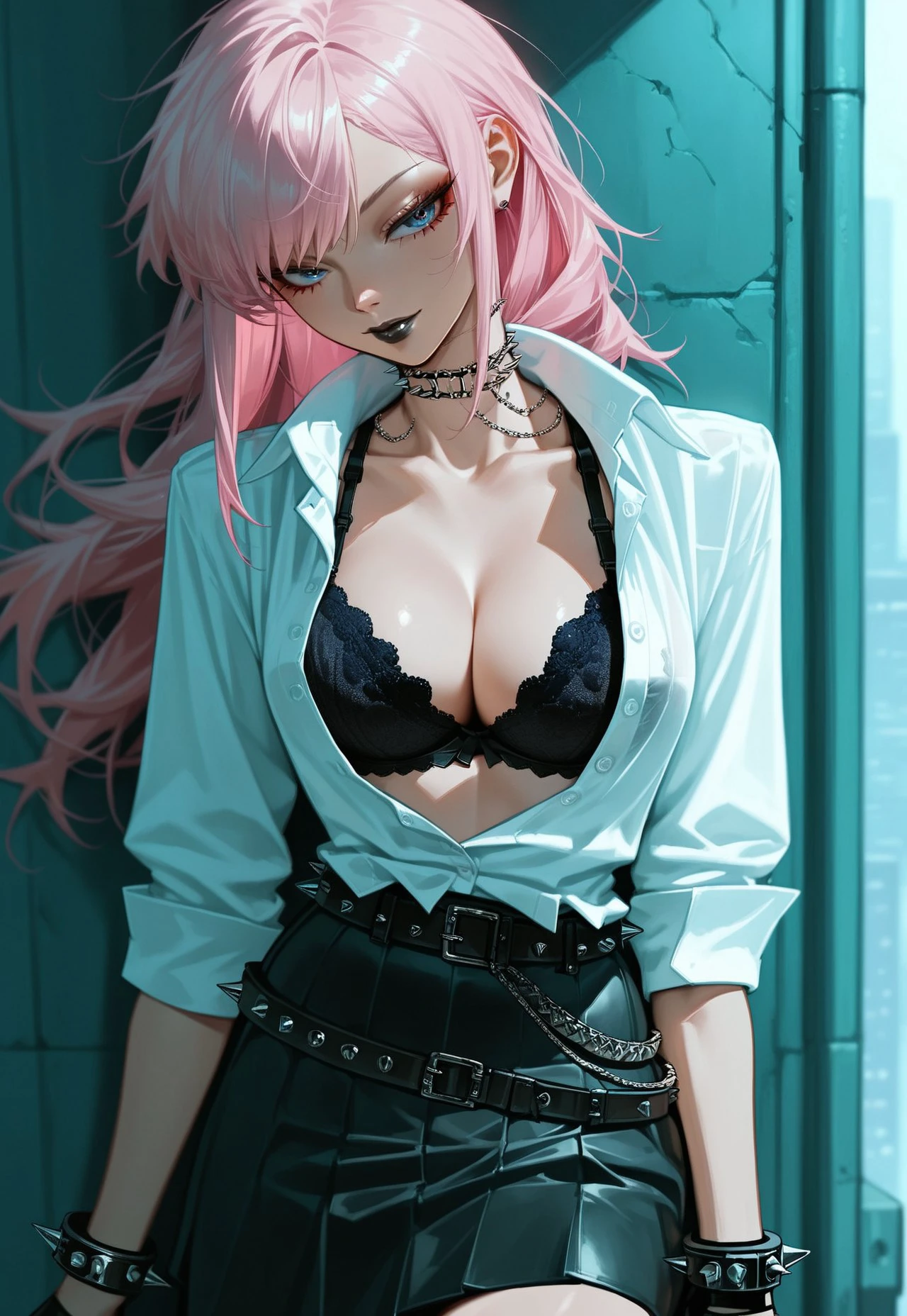 safe_pos, score_9, score_8_up, score_7,1girl, underwear, skirt, bra, breasts, solo, fingerless gloves, black bra, gloves, belt, open clothes, jewelry, pink hair, nail polish, choker, long hair, spikes, black nails, shirt, black skirt, spiked bracelet, bracelet, blue eyes, shirt tucked in, liviawoe_style
