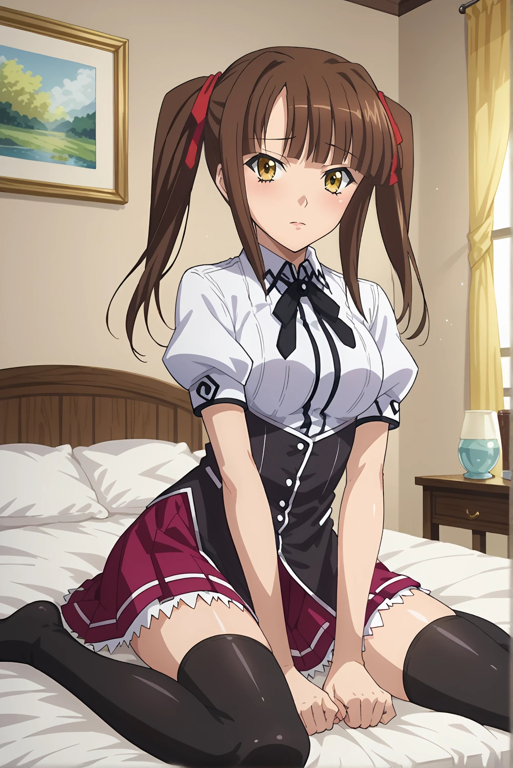 score_9, score_8_up, score_7_up, source anime, prefect lighting, very aesthetic, BREAK, anime screencap, anime coloring, murayama-dxd, 1girl, brown hair, golden amber eyes, twintails, hair ribbon, shirt, skirt, black, black thighhighs, zettai ryouiki, puffy sleeves, dxd-uniform, indoors, bedroom, sitting on bed, front view, dutch angle