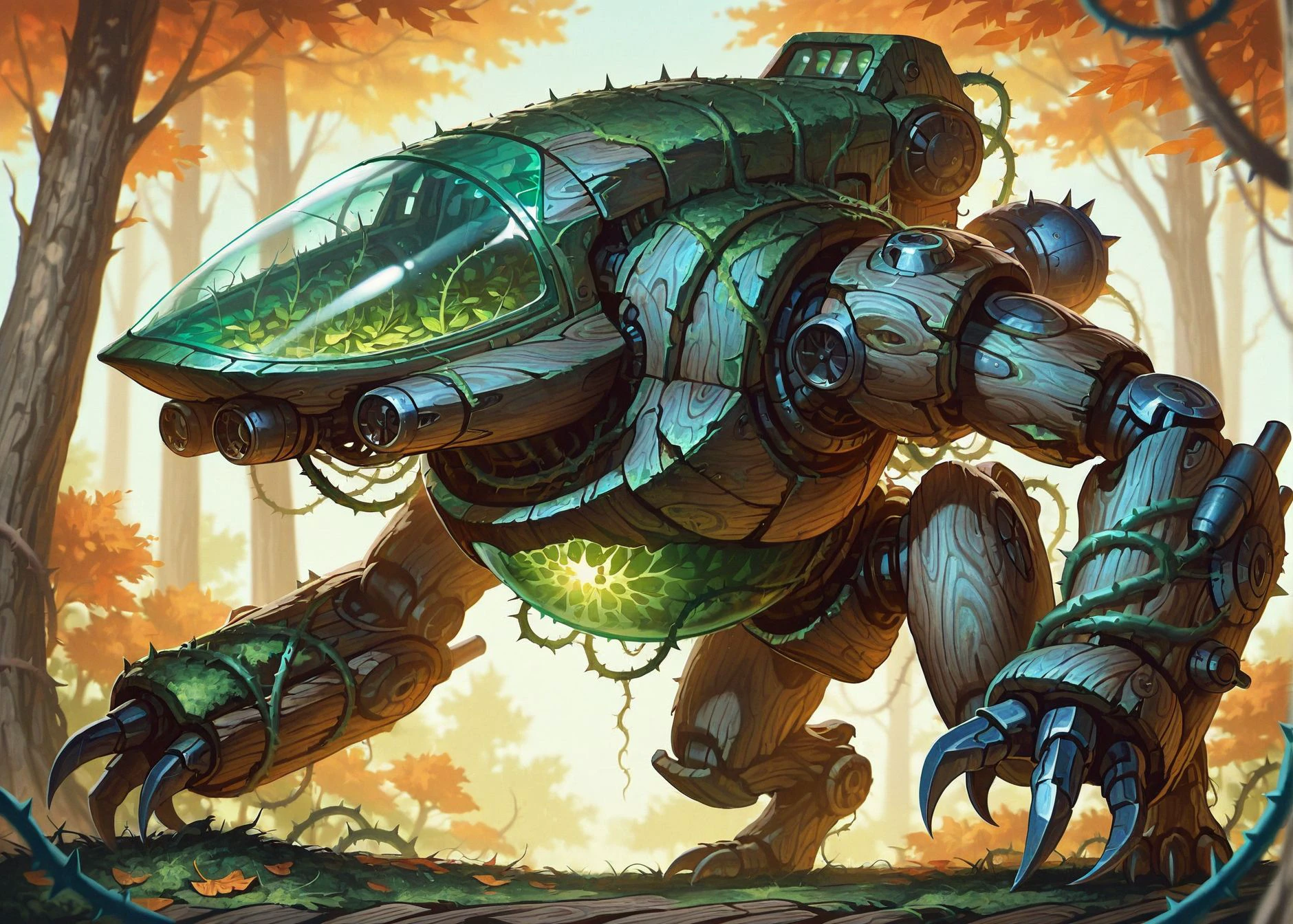 masterpiece, best quality, <lora:Elven_forest_world_illustrious:0.8> elvenforestworld, scifi, futuristic, leaf, vines, branches, bulky walker mech, heavy armoured smooth wooden plates, thorns, flowers on body, cockpit in chest, green glass windshield, large legs, claws, green inner glow, in forest, joints,arm cannon,  elbow spikes, shoulder spikes, no humans, jet pack,