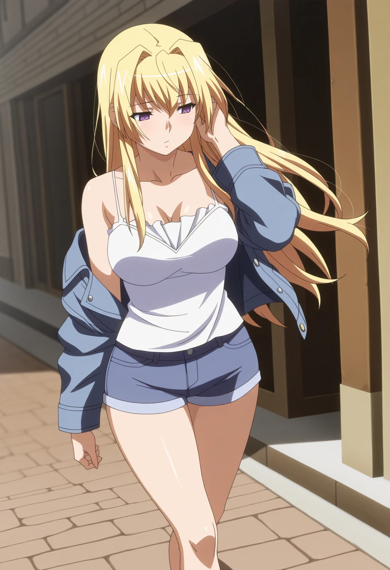 (Rose Oriana), One girl, alone, Yellow Eyes, Blonde, Long hair, camisole, denim skirt, sandals, barefoot, looking at viewer, dutch angle, squatting, city