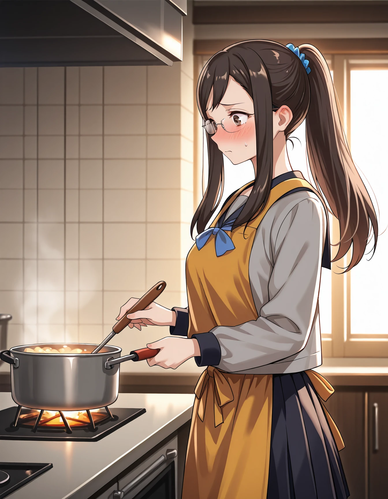 <lora:13sentinels-000020:1> 1girl, yakushiji, glasses, long hair, brown eyes, hair tie, ponytail, sidelocks, flustered, serafuku, pleated skirt, (apron), cooking, kitchen
masterpiece, best quality, cinematic lighting