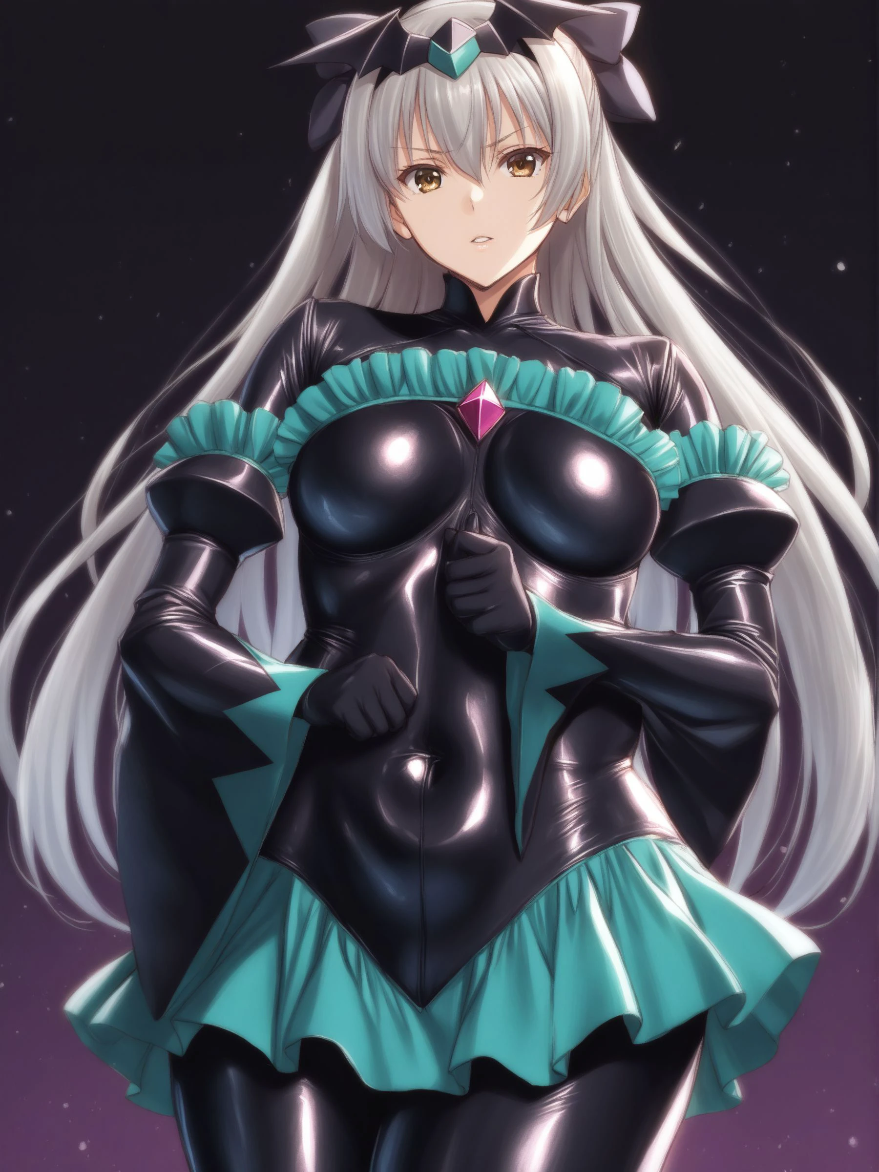 score_9, score_8_up, source_アニメ,Sayonara Minakami,,very big breast,shiny skin,Fallen into evil,empty eyes,Symbiote,suit,逆バニーsuit,corset,Thigh belt,nail,breasts curtain