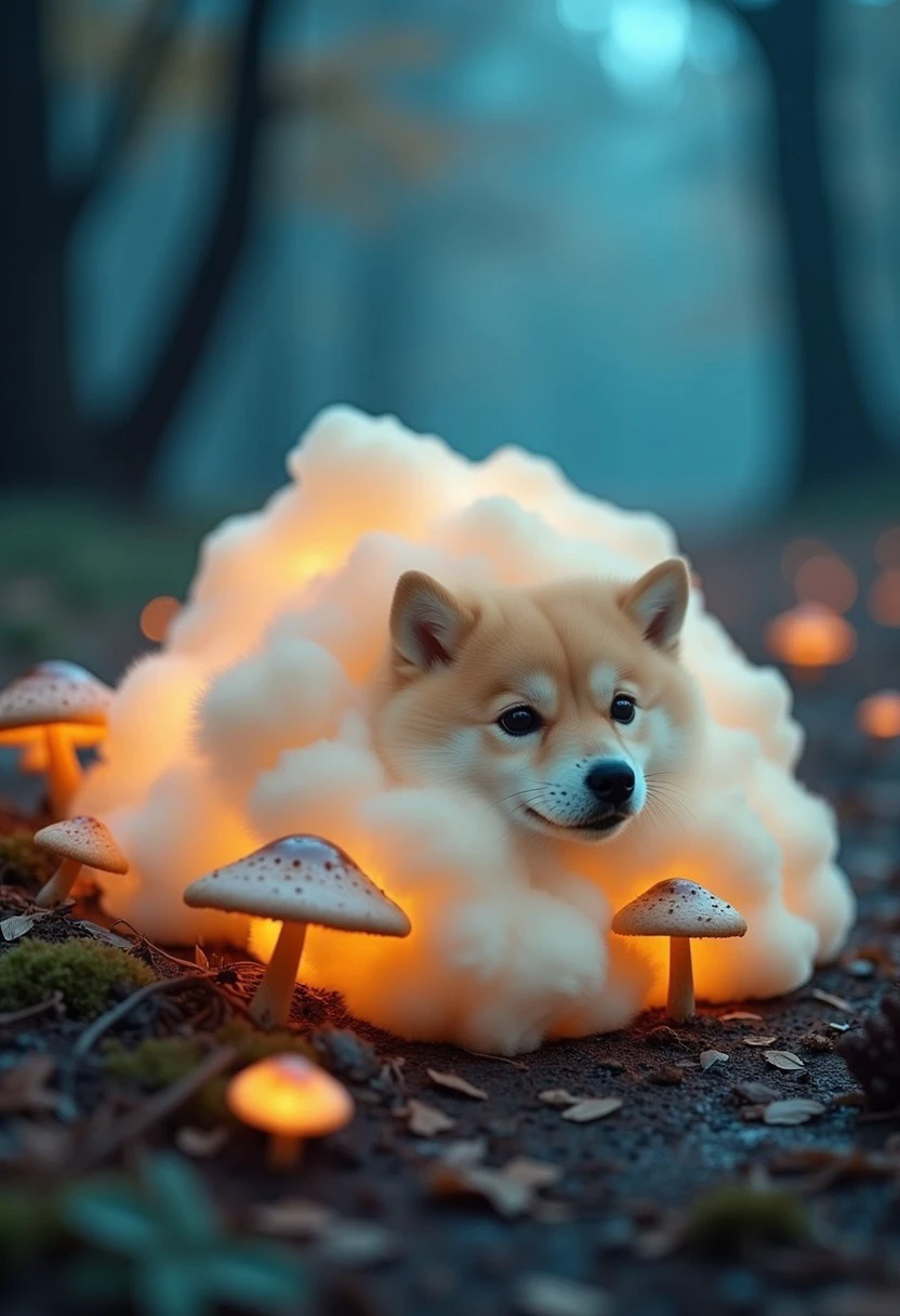 A Doge disguised as a colossal, fluffy cloud, with a gentle smile, is nestled among glowing mushrooms in a magical, blue-hued forest. The mushrooms emit a warm, orange light, creating a cozy and enchanting atmosphere. The Doge's presence adds a sense of companionship and protection to this surreal, nature-inspired setting, emphasizing themes of love, friendship, and serenity. Doge Storm