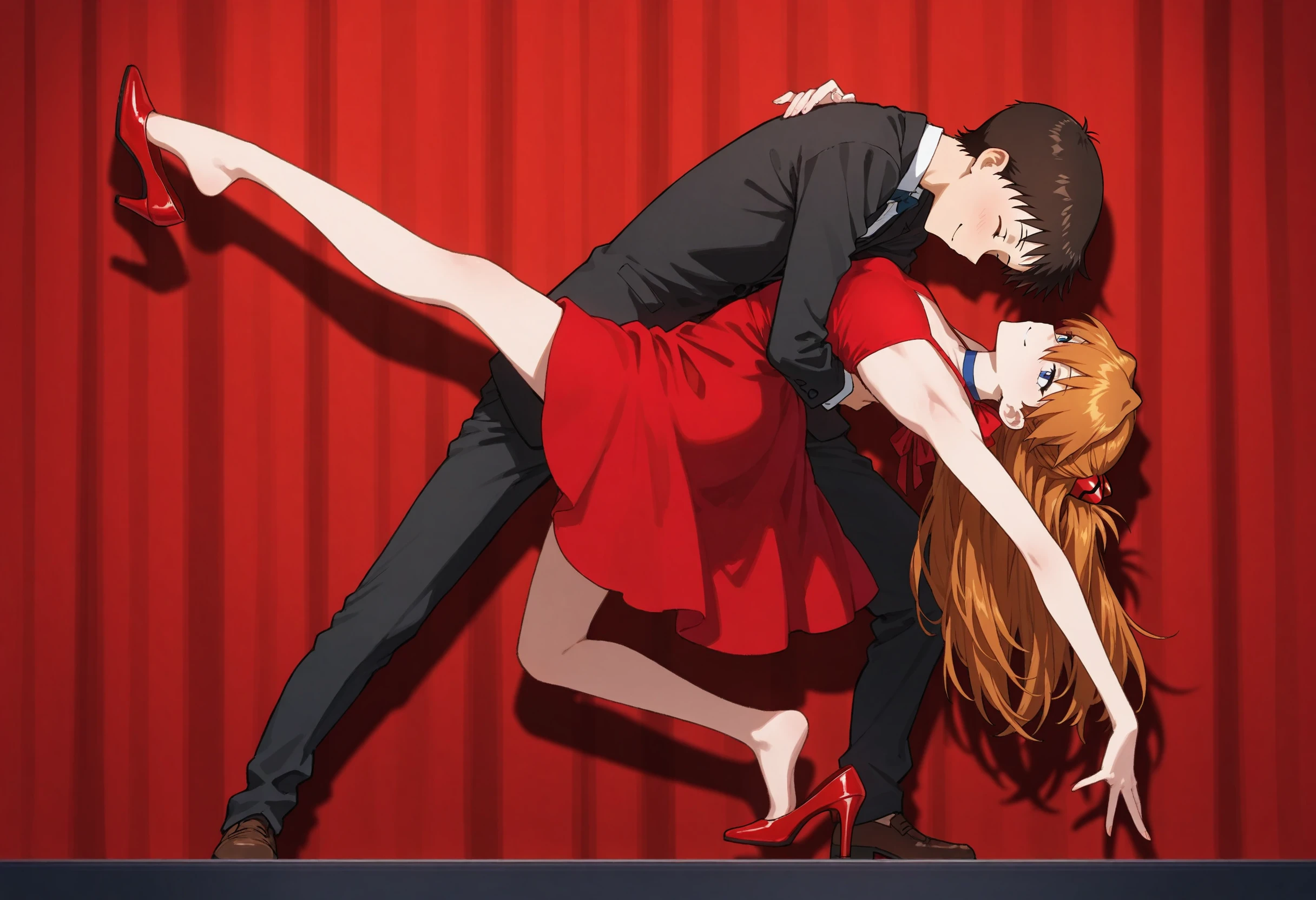masterpiece, best quality, absurdres, safe
1girl, 1boy, dancing, leg up
souryuu asuka langley, ikari shinji
red dress, high heels, shoe dangle
spotloght, curtains, stage, smile
<lora:dip_dancing_il_3_d16:1>