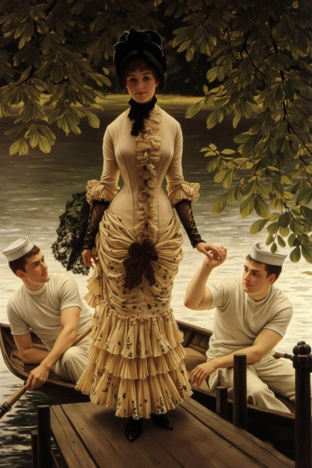 jati1 painting of a serene late 19th-century Victorian era riverside setting with
a woman and two men.
The woman stands at the center, dressed in a voluminous, cream-colored dress with a floral pattern, adorned with a black lace overlay and a bustle at the back. The two young men are sitting in a rowing boat, they wear small sailor's caps. The woman's hand is touching the man's raised hand.
<lora:jati1_cap_d6a3:1.0><lora:817318288003449448:0>