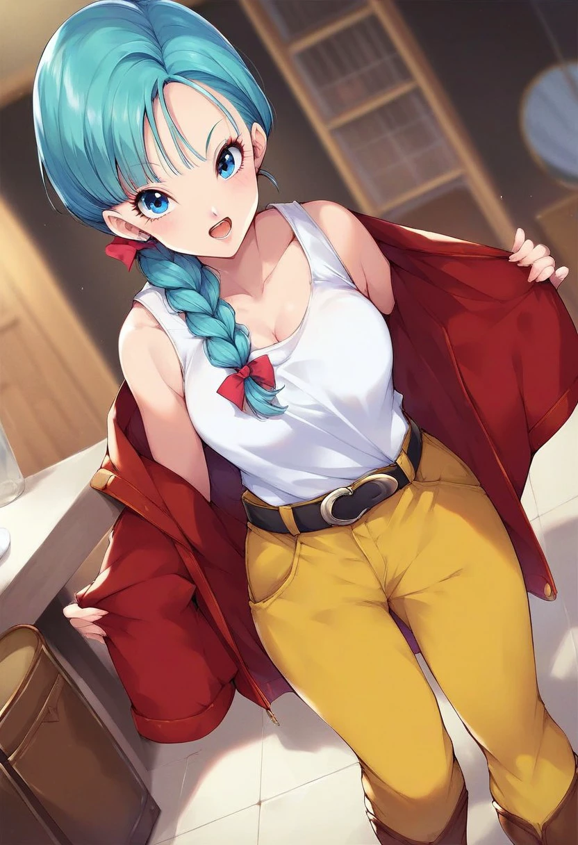 score_9,score_8_up,score_7_up,score_6_up,blurry, blurry background,bulma \(dragonball\), 1girl,bulma,bulma from dragon ball, solo, long hair, open mouth, blue eyes, ribbon, aqua hair, hair ribbon, braid, boots, belt, pants, single braid, tank top, braided ponytail, white topwear, brown pants, brown footwear, jacket removed, girl standing,table, chair, raised eyebrows, looking at viewer, medium breasts, collarbone, eyebrows, eyelashes, arms by side,cowboy shot, dutch angle