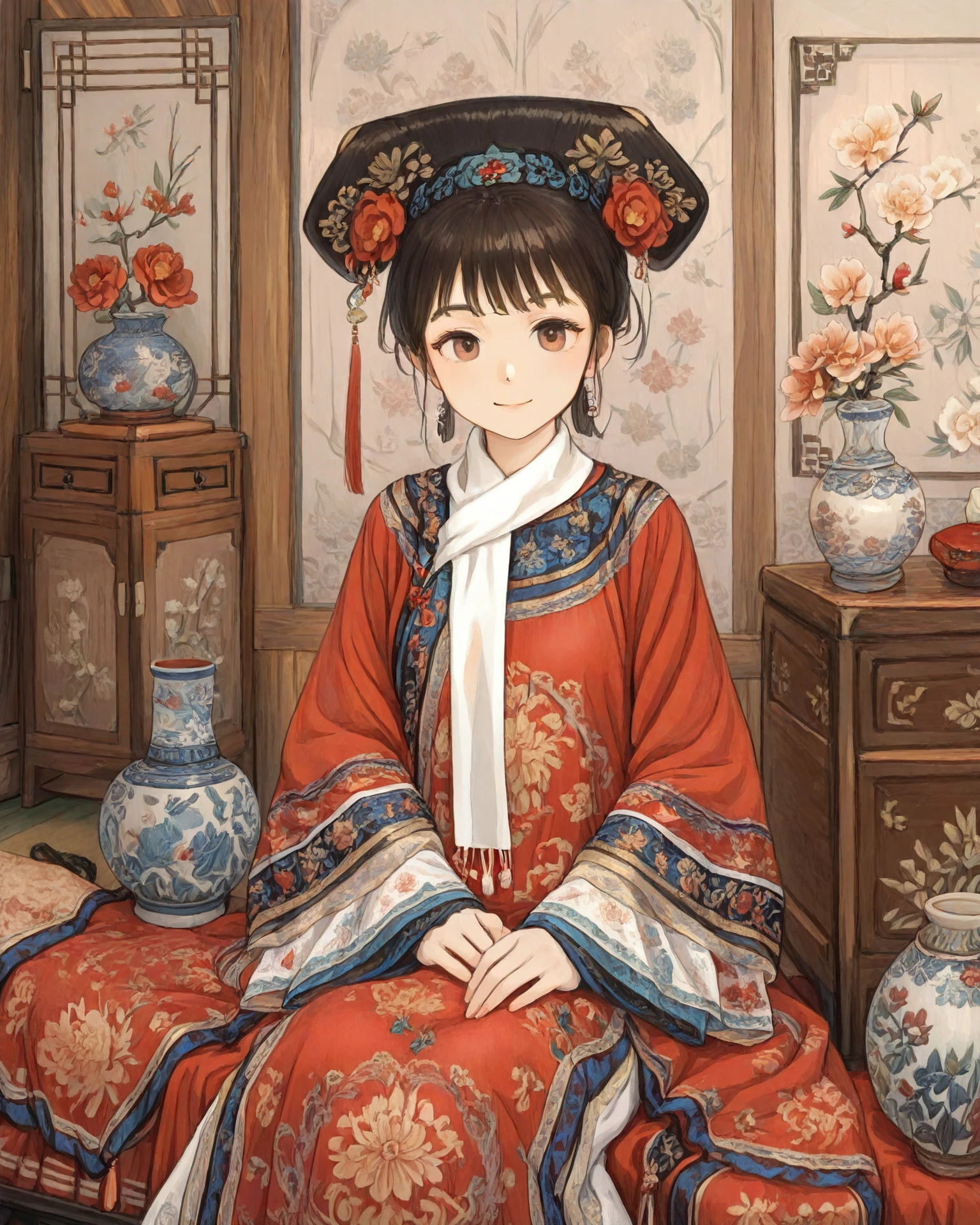1girl, qingfa, (qingfa scarf), vase, ornate clothing, flowers, asian sitting room, wood panel wall, red and blue clothing, light_smile, intricate patterned fabric, brocade, jacquard fabric, masterpiece, highest quality, absurdres, digital art, very detailed, <lora:QingFashion_Illustrious-000013:1>,  <lora:[Style] Manuhamu [Illustrious-XL]:1> manuhamu