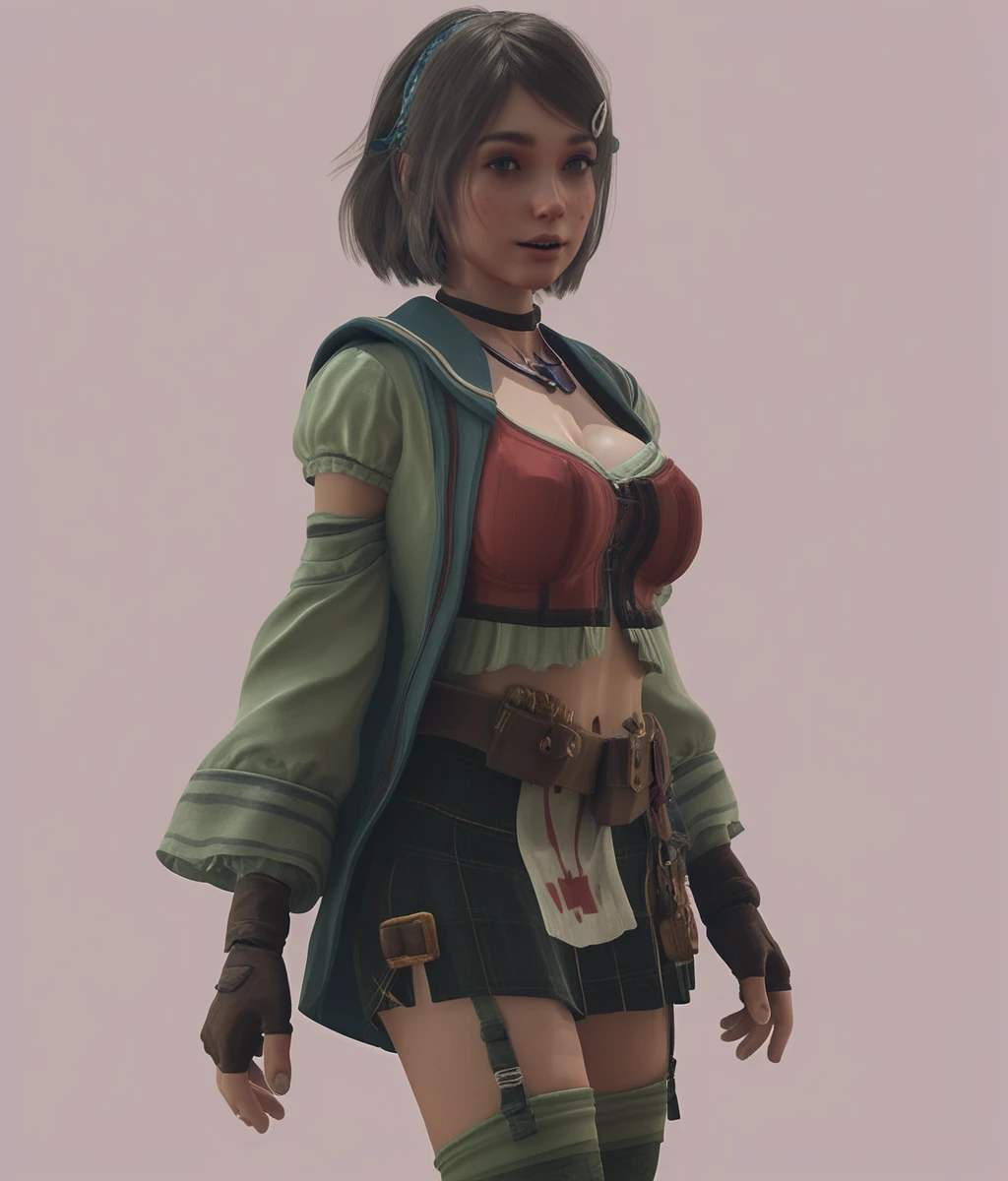 score_9, score_8_up, score_7_up, detailed 3d, 3d model, Stable_Yogis_PDXL_Positives, cowboy shot, solo, 1girl, standing, <lora:Nina_Deforges_PXL:1> nina_deforges, fingerless gloves, green stockings, stocking straps, simple background