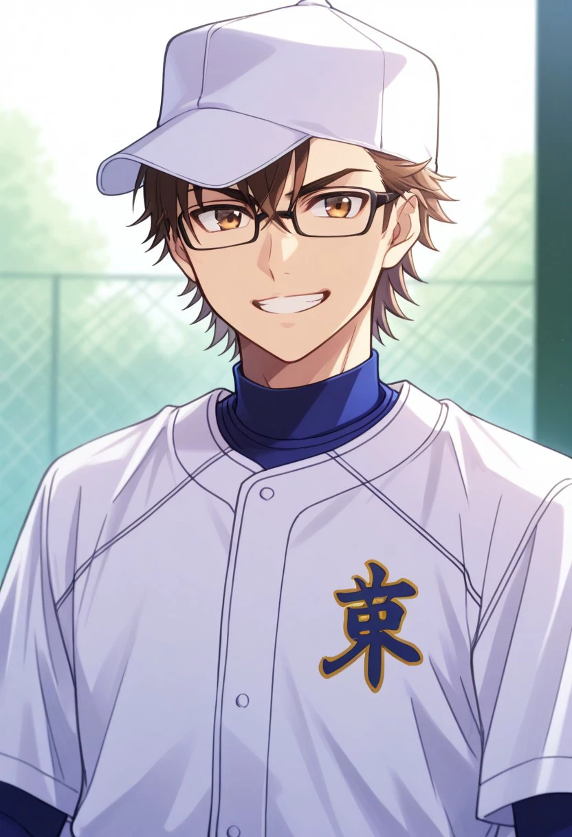 masterpiece, best quality,
miyukazu, 1boy, male focus, solo, brown eyes, glasses, brown hair, short hair, bangs, hair between eyes, sportwear, baseball uniform, baseball jersey, shirt, blue shirt, white shirt, smile, grin, hat, baseball cap, white headwear
outdoor