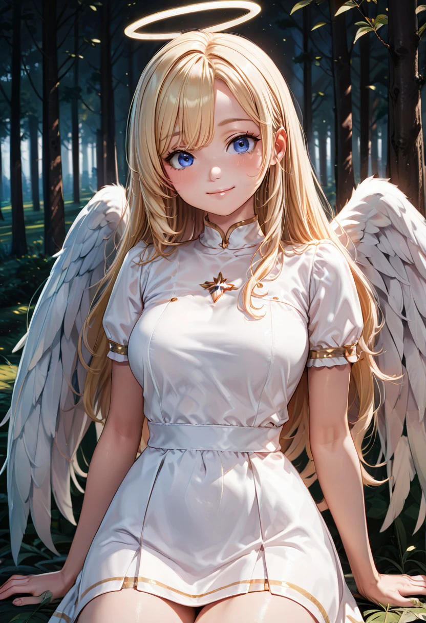 masterpiece, best quality, medium breasts, (curvy), BREAK, 1girl, solo, blonde hair, wavy hair, angel, angel wings, halo, smile, sitting, forest, white dress, smile, looking at viewer, cowboy shot, ,