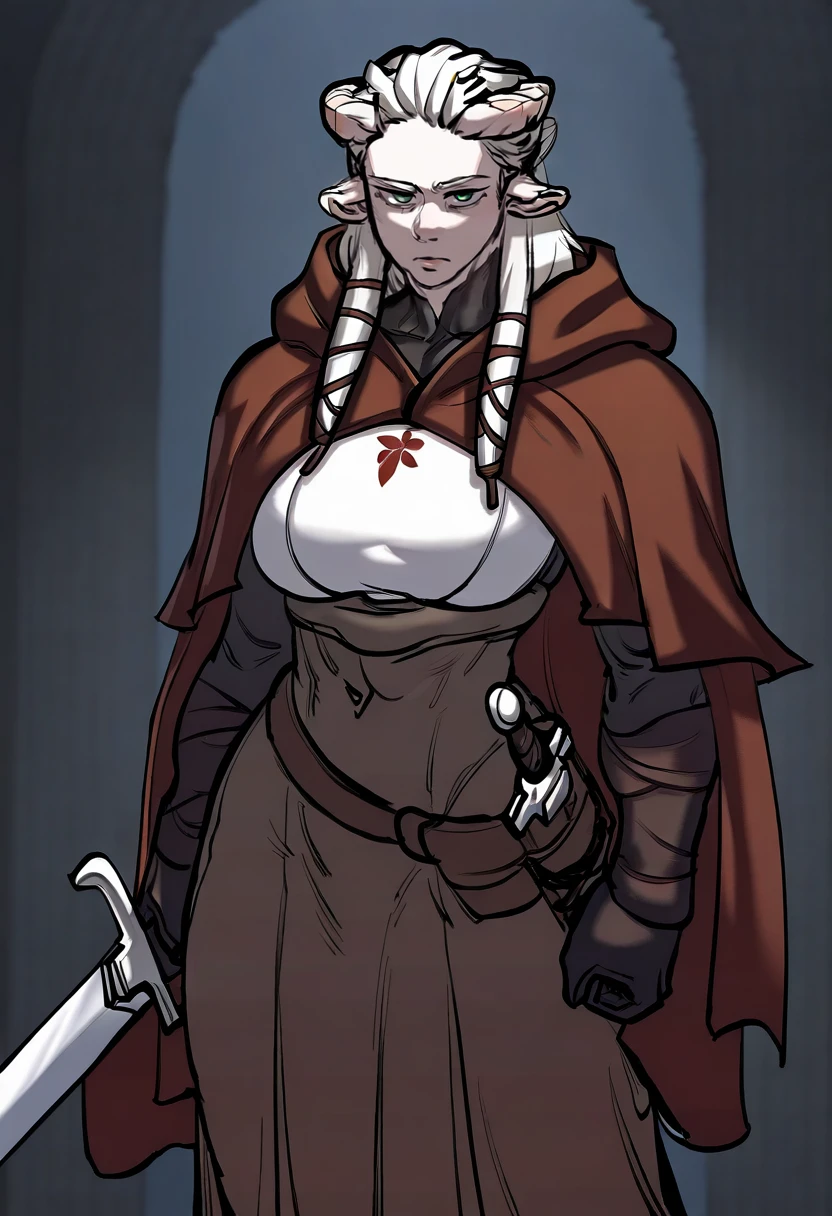<lora:commanderIL:1>, erkcommander, 1girl, solo, pointy ears, expressionless, looking at viewer, cowboy shot, long skirt, sheath, sword, <lora:eigaka-style-koto-illustrious :1>, eigaka,, masterpiece, best quality