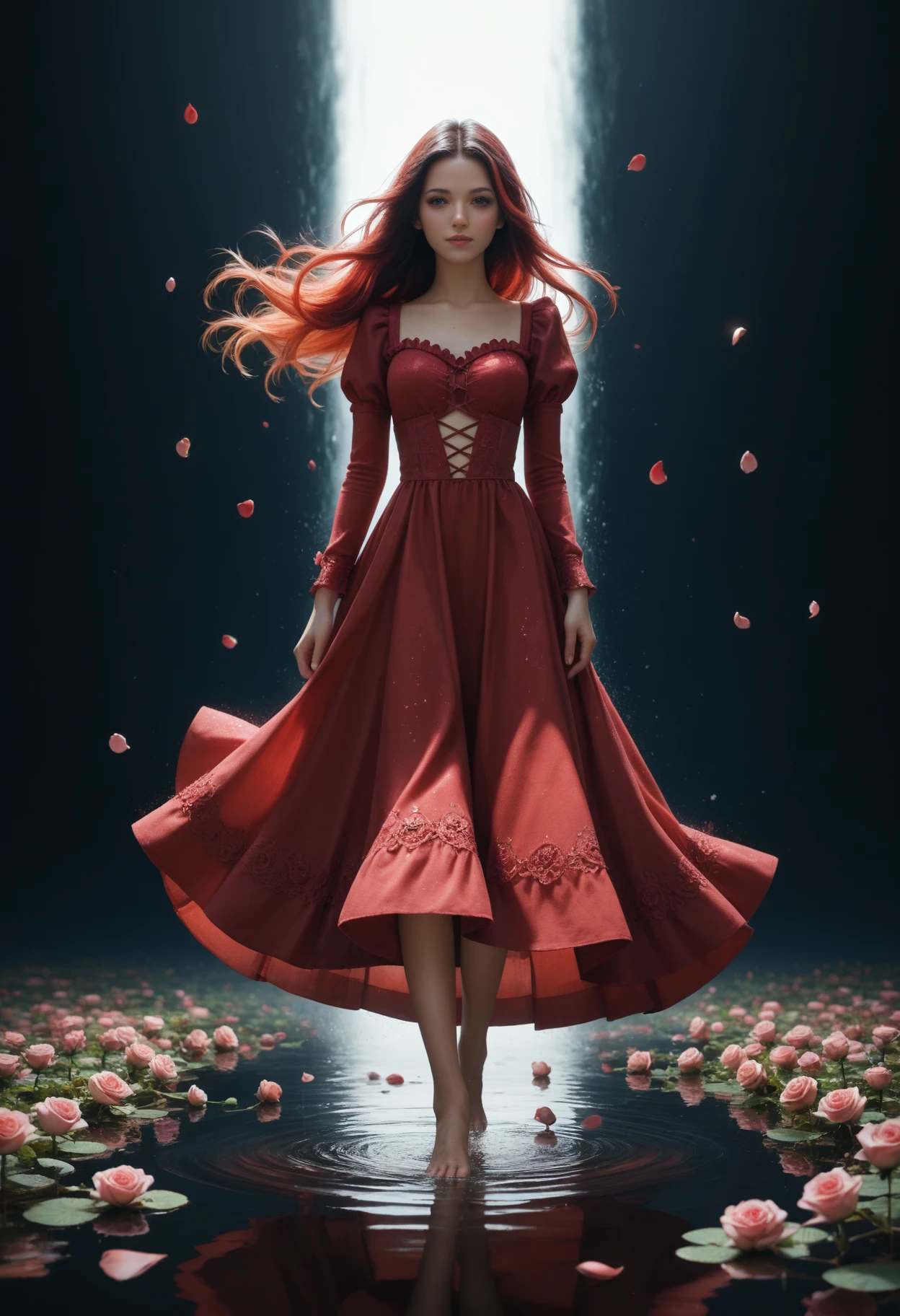 score_9, score_8_up, score_7_up, score_6_up BREAK
woman, full body, walking on water, ripples, long hair, two-tone hair, long red dress, shummering, puffy shoulders, frills, glitter, falling rose petals, strong wind, gradient background, reflections, symmetry.
Realistic, fine texture, fine details