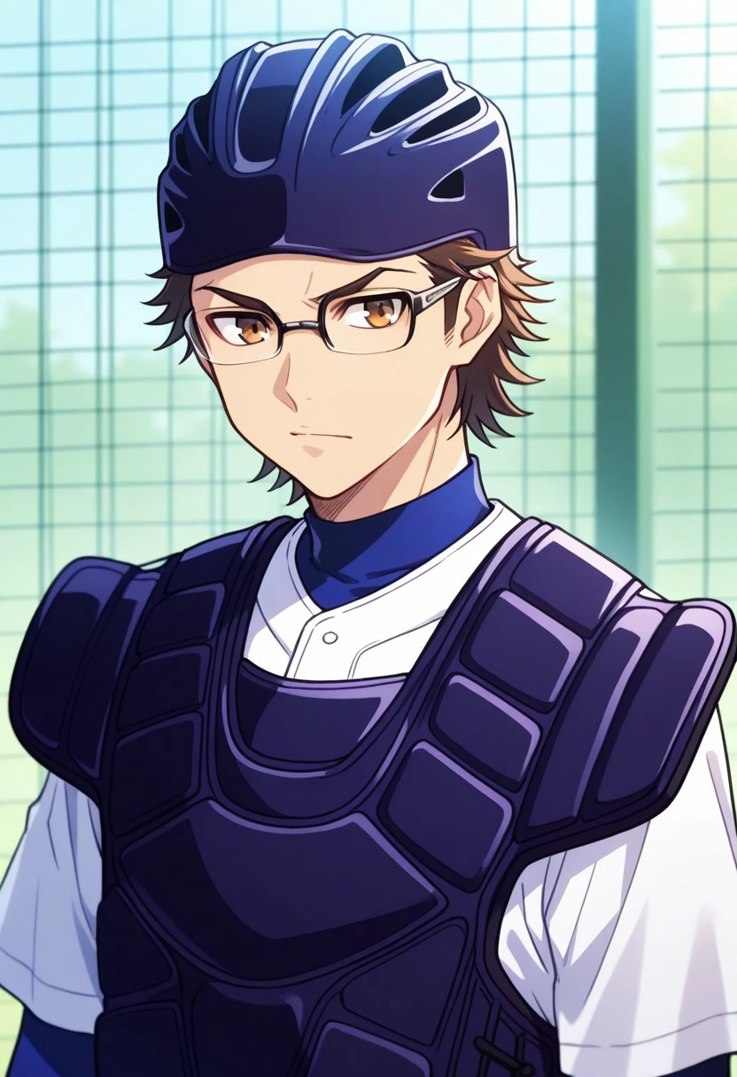 masterpiece, best quality,
miyukazu, 1boy, male focus, solo, brown eyes, glasses, brown hair, short hair, sportwear, baseball uniform, baseball jersey, catcher (baseball), helmet, shirt, blue shirt, white shirt, short over long sleeves, chest protector, catcher's mask
outdoor