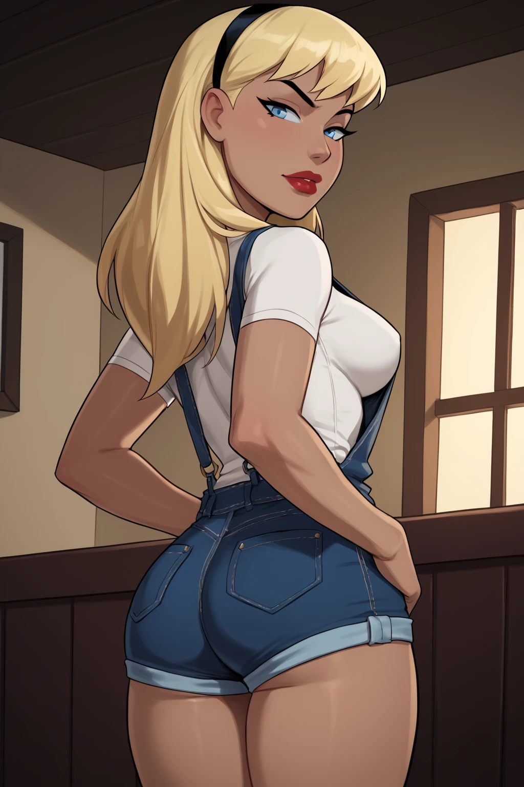 PonyXLV6_Scores BREAK ((parody), perfect anatomy, perfect eyes, cowboy shot) <lora:add_details_xl:0.8> BREAK <lora:Supergirl_-_DC_Animated_Universe:0.8> kara zor-el, long hair, blonde hair, blue eyes, dark-skinned female, lipstick, red lips, flirting, raised eyebrow, ((looking back at viewer)), hairband, white shirt, overalls, overall shorts, medium breasts, curvy, toned, athletic, standing, hands on hip, indoors