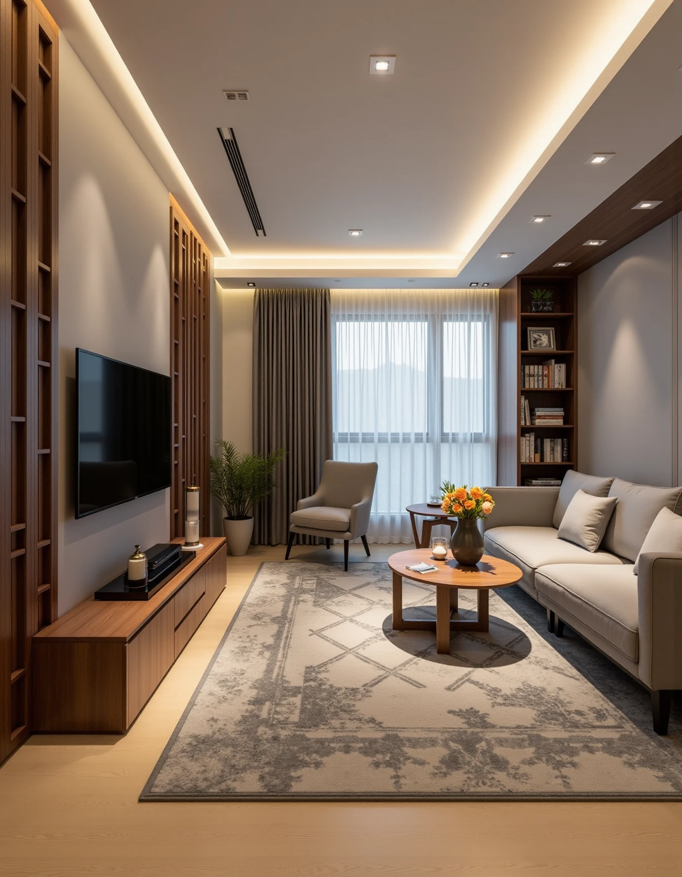 <lora:JJsLivingRoom_Flux:1> , ((living room)) ,((best quality)),((masterpiece)),((realistic)), photorealistic, chair , authentic, soft lighting,indoor scenery, tv ,wall ,rug , lamp, flower, vase , table ,ceiling light , plant, window ,curtain  ,couch,  dramatic lighting,