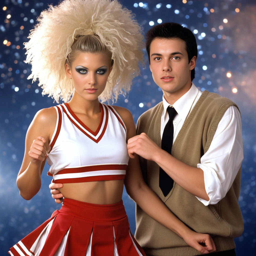 score_9, score_8_up, score_7_up, (1990s style), analogue photography, dust, photograph of a (couple:1) , girl and a (guy), (male focus), colorfull, detailed, dynamic pose, action, fashion, break,
a blonde woman and a boy pose, (very long white hair:1.05), (tanned:0.5),platinum blonde hair, square face, heavy makeup, big hair, (man is holding her hand), looking to viewer,cheerleader, break,
a young clothed man stands next to a woman,boyish student wearing a necktie and a sweater, short hair,indoors, (colorfull background), (detailed faces),
break, shallow depth of field, bokeh, fully clothed, natural light, high quality, film grain, Fujifilm XT3,
<lora:HK-style-0.0_StalDreams:0.6> hkg9m0r