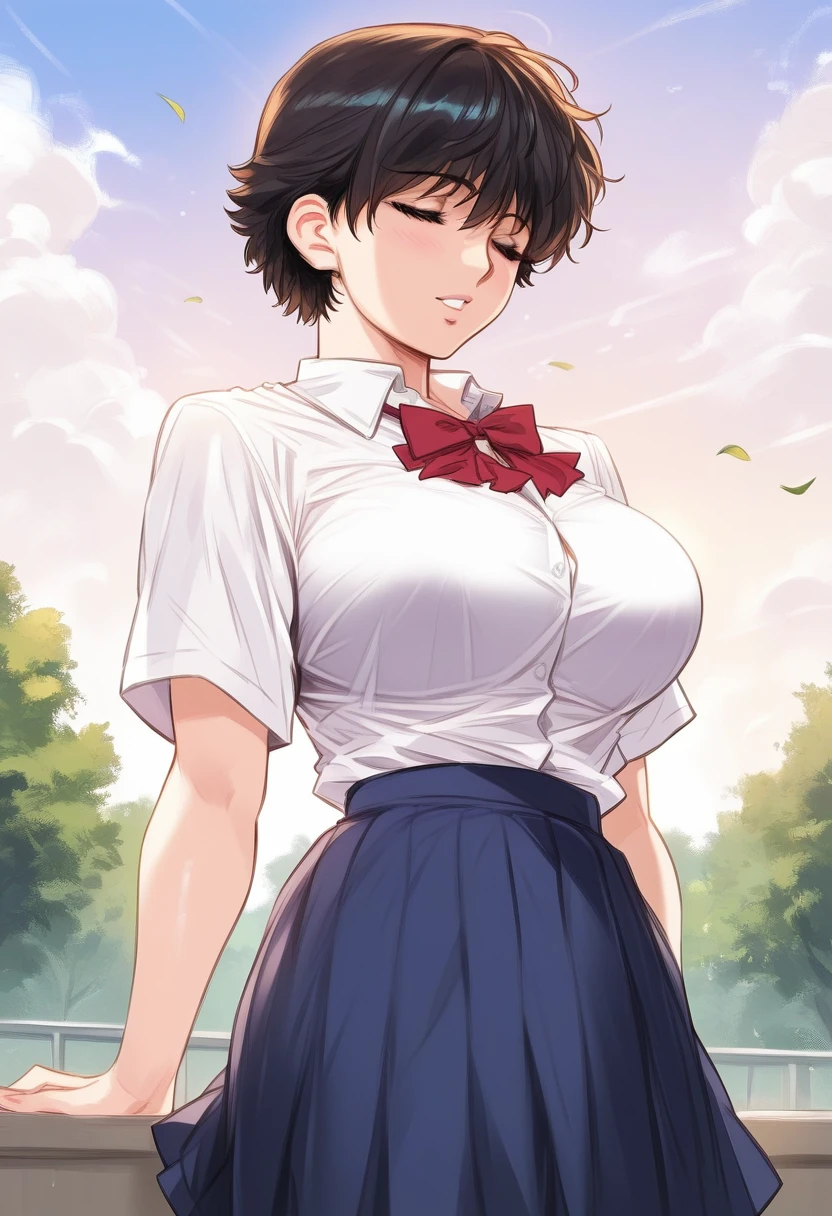 score_9, score_8_up, score_7_up, score_6_up, score_5_up, score_4_up, masterpiece, best quality, BREAK,
1girl, outdoors, <lora:Hagiwara_Chisato:1> hagiwara_chisato, short hair, large breasts, black hair, school uniform, skirt <lora:Mikayori_Style:1>