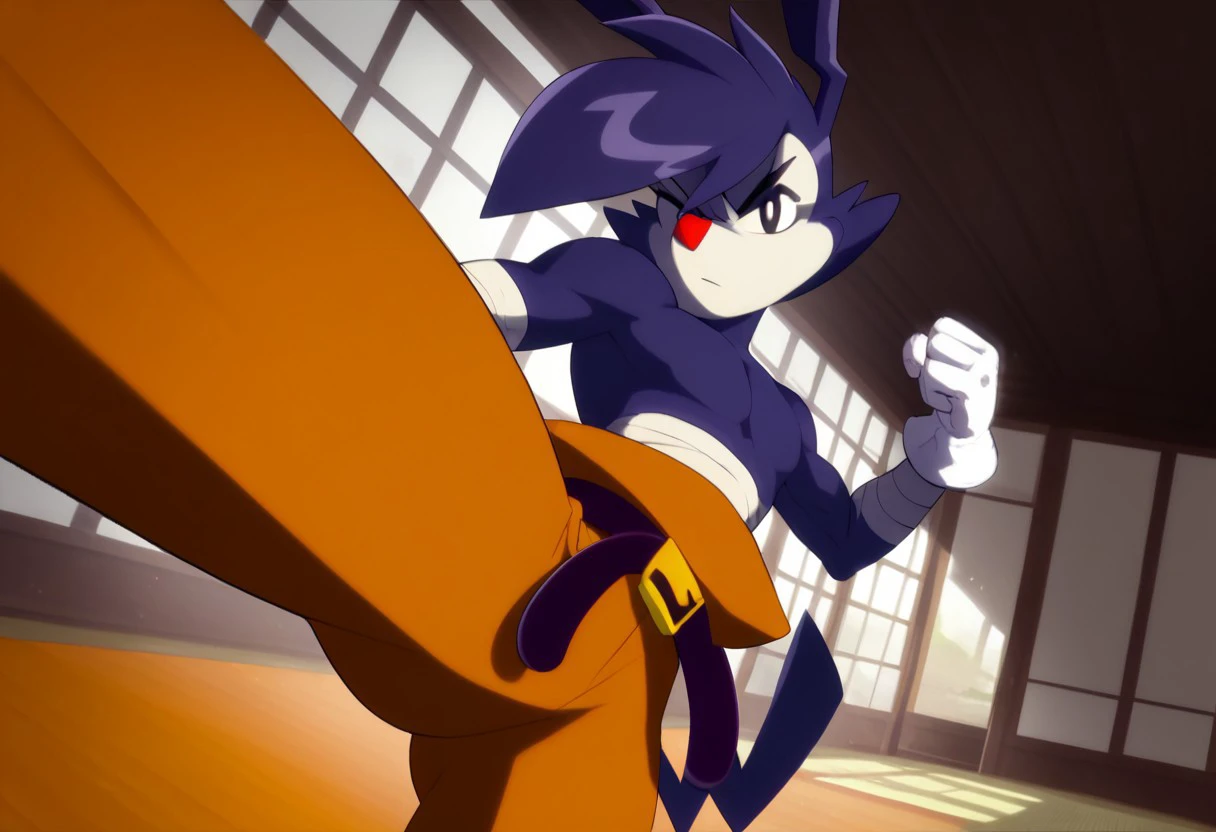 score_9, score_8_up, score_7_up, 1girl, solo, Expressiveh, (YakkoWB, furry, anthro, animal ears, purple hair, short hair, red nose, black eyes, white pupils, cheek tuft, black eyebrows, purple body, purple fur, white fur, two tone fur, tail, topless, white gloves, bandaged arm, bandaged waist, purple belt, yellow belt buckle, orange pants, orange bottomwear), male focus, dojo, indoors, morning, (kicking, kicking at viewer), detailed background, 4k, masterpiece, best quality, highly detailed, realistic