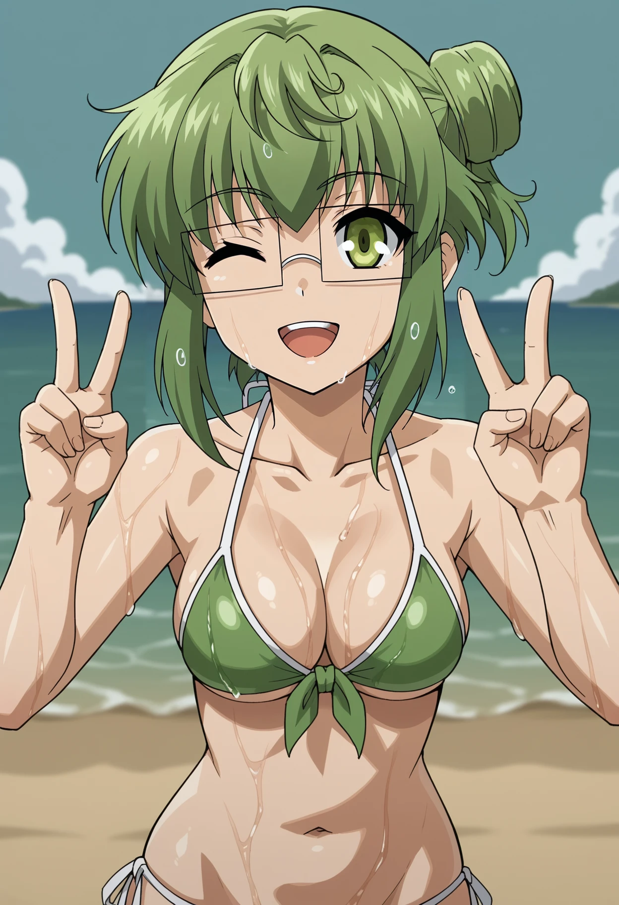Terrible_Tornado, anime,1girl, solo, smile, short green hair, green swimsuit, looking at viewer, cleavage,green eyes, small breasts, day, hanging breasts, covered nipples, green bikini, bent over, outdoors, sky, blush, hair between eyes, cloud, hands on own knees, shiny skin,<lora:tatsumakiTerribleTornado_v01:0.7>