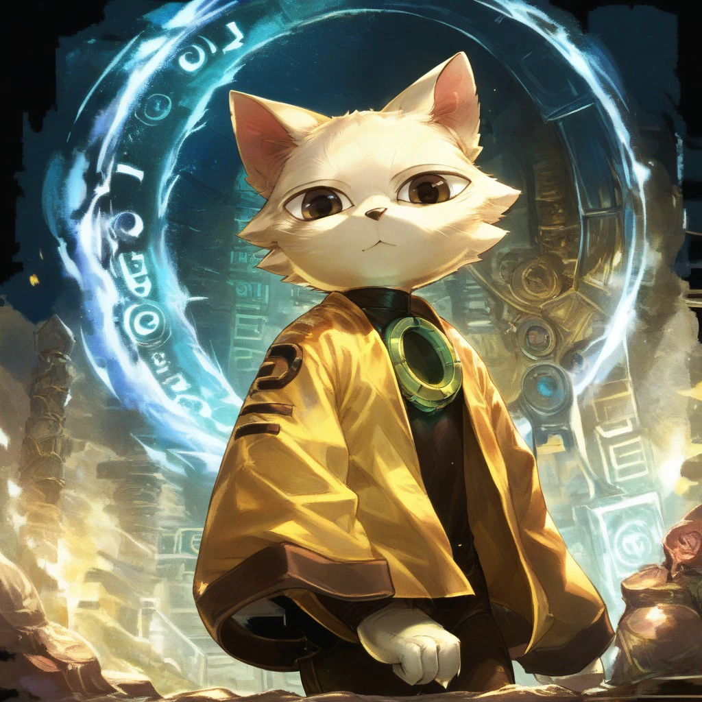 yi, OctopathCOTC, zuppu11, 1boy, solo, domestic cat, felid, feline, felis, mammal, solarian, white fur, anthro, dark yellow clothing, detailed background, looking at viewer, male, score_9, score_8_up, score_7_up, a shining sapphire ring on his finger, walking out of a futuristic portal