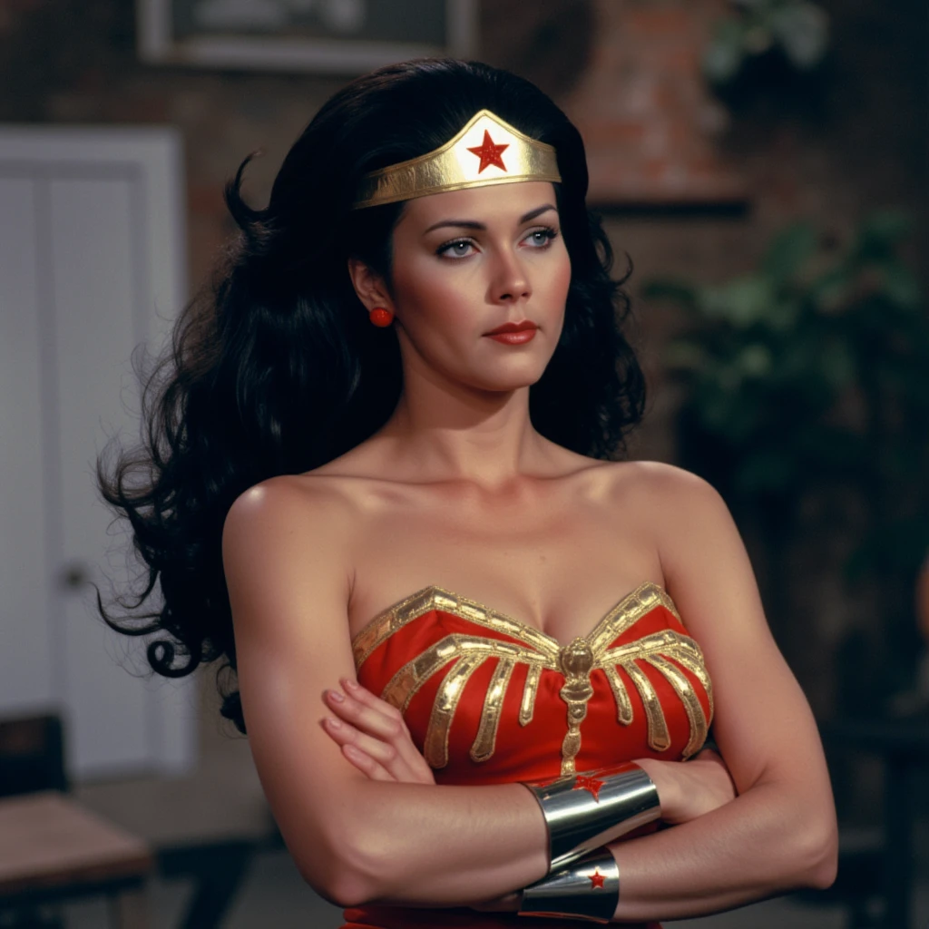 UHD, 4k, ultra detailed, cinematic, a photograph of <lora:1970 Wonder Woman style v1:0.9>
1970's Wonder Woman a woman in a costume with a wrist band and cross hand signature up, perfect image, perfect body, perfect anatomy, Kodak film, high quality photography, 1970's style, wonder woman style, solo, long hair, blue eyes, black hair, bare shoulders, earrings, star (symbol), lips, headband, crossed arms, curly hair, upper body, strapless, makeup, wristband, red lips, star print, lipstick, retro artstyle, bracer, 1980s (style)
, epic, beautiful lighting, inpsiring