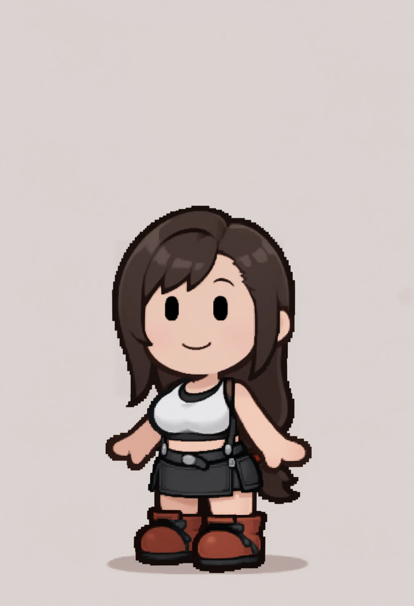masterpiece, best quality, solo, 1girl, smile, looking at viewer, <lora:PM-TTYD-Sprites-illus_Fp:1>, chibi, simple background, full body, solid oval eyes, tifa lockhart, black skirt,