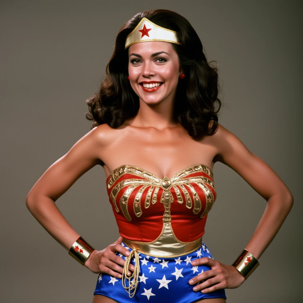 masterpiece, best quality, beautiful art, high resolution, well formed hands, body and fingers, 1 woman, solo, wonder woman 70's concept, tiara , long hair, adult, big breasted, cleavage, hair ribbon, full body, sexy and skimpy outfit , gorgeous legs and thighs , dancing seductively and erotically, turning backwards and forwards, showing her back and front, showing her butt,  bikini thong, smiling joyfully, looking at the viewer, flirting, beach environment 