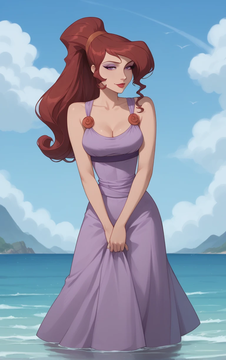 score_9, score_8_up, score_7_up, BREAK
MainOutfit_Megara_ownwaifu,
1girl, big hair, breasts, curly hair, eyelashes, hair bun, high ponytail, long hair, makeup, narrow waist, purple eyes, purple eyeshadow, red hair, red hairband, red lips, lipstick, medium breasts, dark skin, dark-skinned female, hair over one eye, collarbone,
purple dress, sleeveless dress, cleavage, clothes around waist, sleeveless, bare shoulders, long dress,
(wading, beach), head tilt, sidelighting, ocean, sky, water, caustics, cowboy shot, <lora:PONYXL_Hercules_Megara_ownwaifu:0.85> , depth of field, solo,