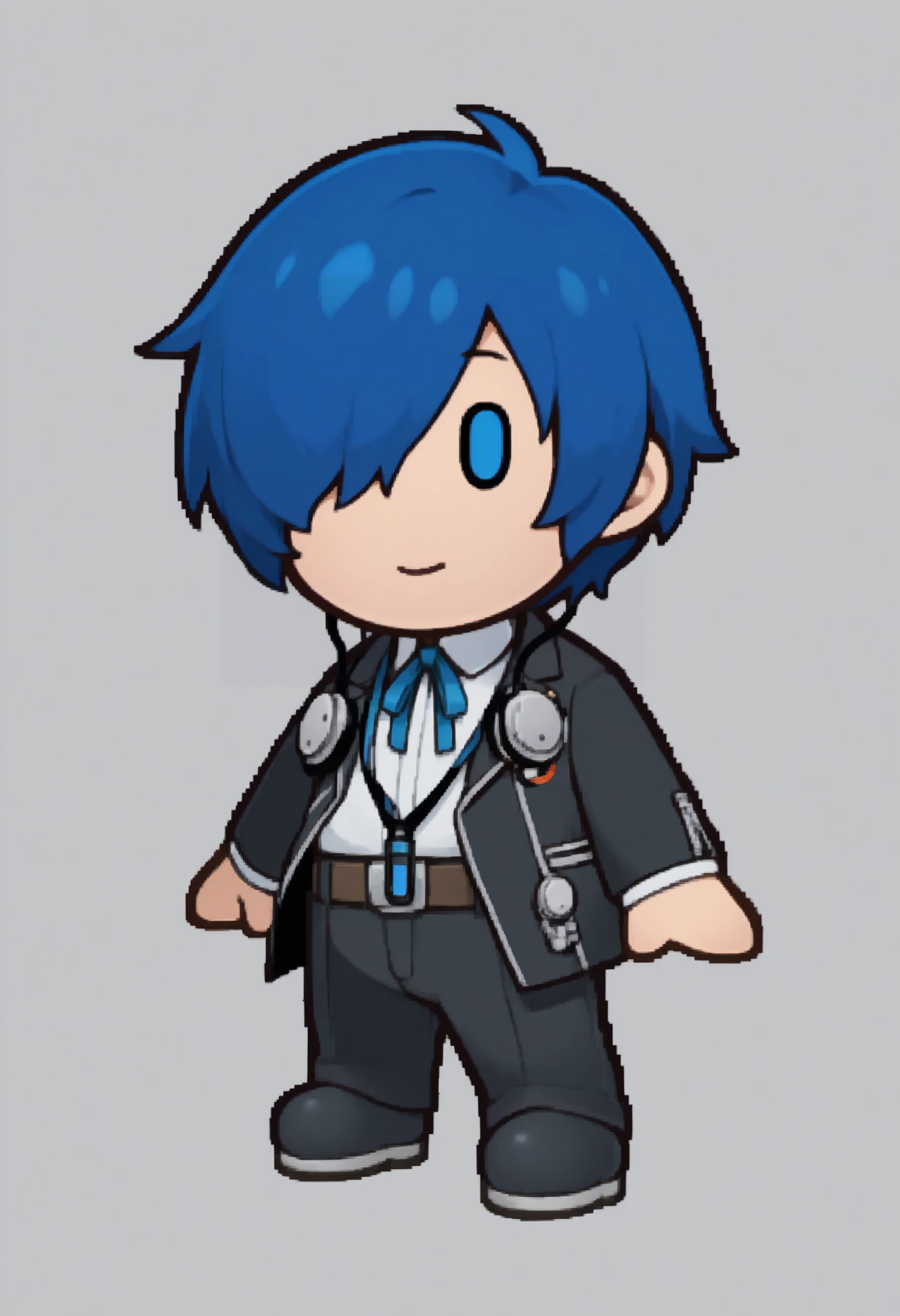 masterpiece, best quality, solo, 1boy, looking at viewer, <lora:PM-TTYD-Sprites-illus_Fp:1>, chibi, simple background, full body, solid oval eyes, <lora:Makoto-illus_Fp:1>, m4koto, blue hair, blue eyes, short hair, black jacket, collared shirt, neck ribbon, black pants, belt, headphones, digital media player, unworn headphones, hair over one eye,