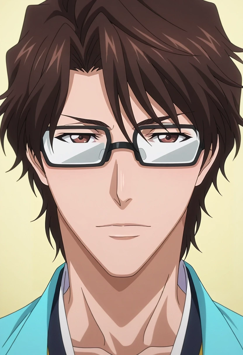 masterpiece, best quality, intricate details, anime screencap, anime coloring, , looking at viewer, 1boy, solo, male focus, <lora:sousuke_aizen_ilxl:0.96>, sousuke_aizen, brown hair, brown eyes, short hair, opaque glasses, , ,