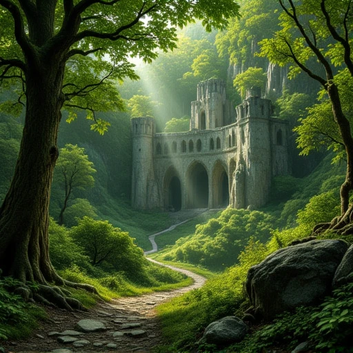Un paysage spectaculaire representant le Gouffre de Helm (Helm's Deep) au milieu d'une foret dense et mysterieuse. L'architecture en pierre massive de la forteresse emerge entre des arbres gigantesques et des feuillages luxuriants. La lumiere filtree par les arbres cree une ambiance mystique, avec des rayons de soleil qui eclairent subtilement les details de la structure. Realisme photographique, textures ultra-detaillees, style epique et atmosphere immersive.