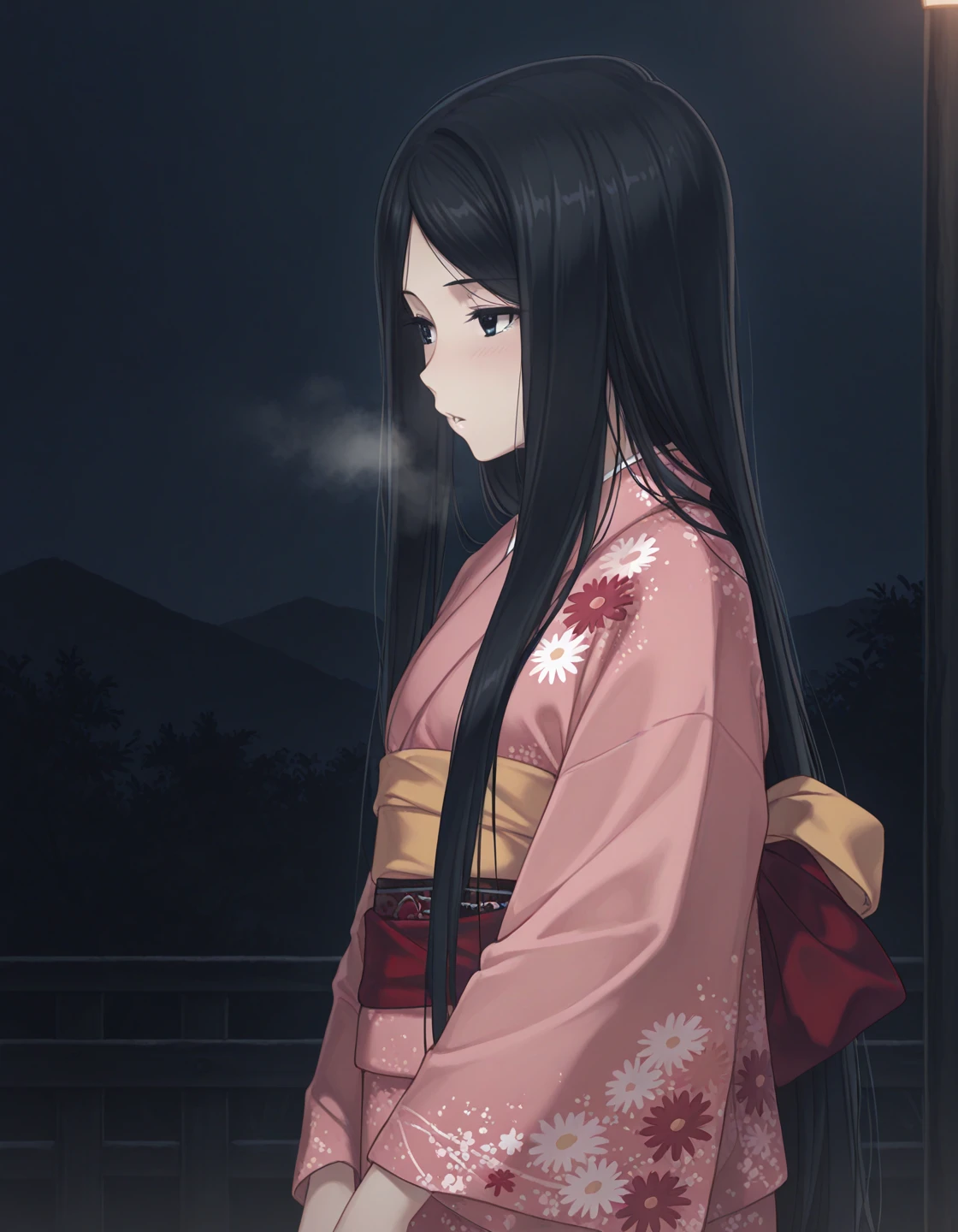 1girl, solo, satsuki_IG, black hair, very long hair, parted bangs, black eyes, (blush:0.5), breath, pink kimono, floral print, sash, looking away, from side, cowboy shot, outdoors, night, (dark theme, low light:1.3) <lora:satsuki_ilxl_v1:0.7>