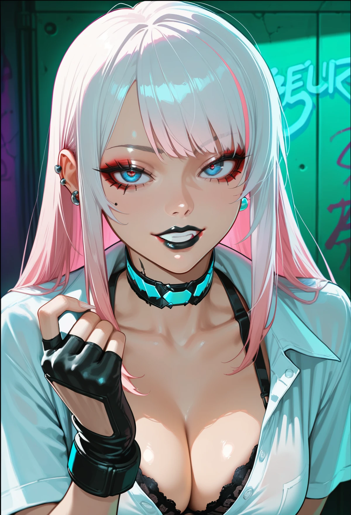 score_9,score_8,score_7,liviawoe_style,1girl,gloves, fingerless gloves, piercing, solo, blue eyes, breasts, looking at viewer, underwear, cleavage, black gloves, multicolored hair, bra, pink hair, black bra, ear piercing, bangs, shirt, makeup, long hair, collarbone, eyeshadow, teeth, jewelry, upper body, fingernails, white shirt, ,border,bust shot <lora:Livia_Woe_AI_Anime_Style__Pony_LoRA:0.9>