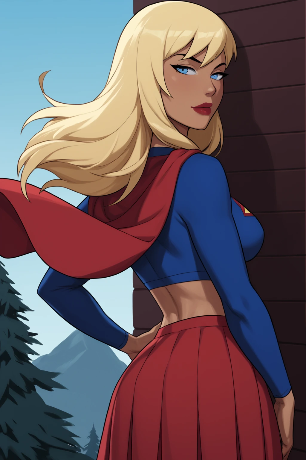 PonyXLV6_Scores BREAK ((parody), perfect anatomy, perfect eyes, cowboy shot) <lora:add_details_xl:0.8> BREAK <lora:Supergirl_-_DC_Animated_Universe:0.8> kara zor-el, long hair, blonde hair, blue eyes, dark-skinned female, lipstick, red lips, flirting, raised eyebrow, half-closed eyes, ((looking back at viewer)), crop top, blue shirt, long sleeves, midriff, red cape, red skirt, large breasts, curvy, toned, athletic, floating in air, seductive pose, hands on hip, outdoors