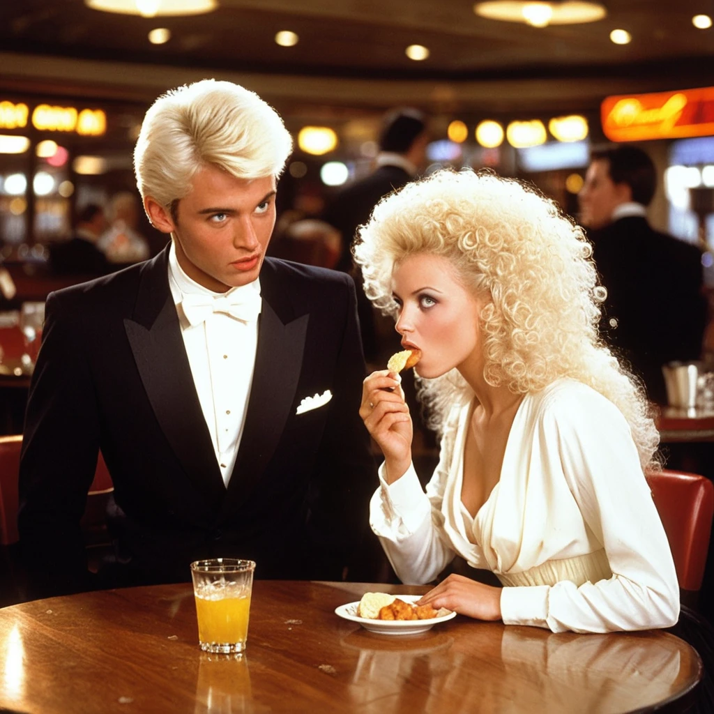 score_9, score_8_up, score_7_up, (1980s style, retro), analogue photography, dust, photograph of a (couple:1) , girl and a (guy), (male focus), colorfull, detailed, dynamic pose, action, fashion, sitting at a table, break,
a blonde girl and a boy pose, (very long white hair:1.05),platinum blonde hair, square face, makeup, big hair, eating, looking to viewer, break,
a young clothed man stands next to a woman,handsome guy, short hair,indoors, (colorfull background), (detailed faces), restaurant
break, shallow depth of field, bokeh, fully clothed, natural light, high quality, film grain, Fujifilm XT3,
<lora:HK-style-0.0_StalDreams-000006:0.6> hkg9m0r