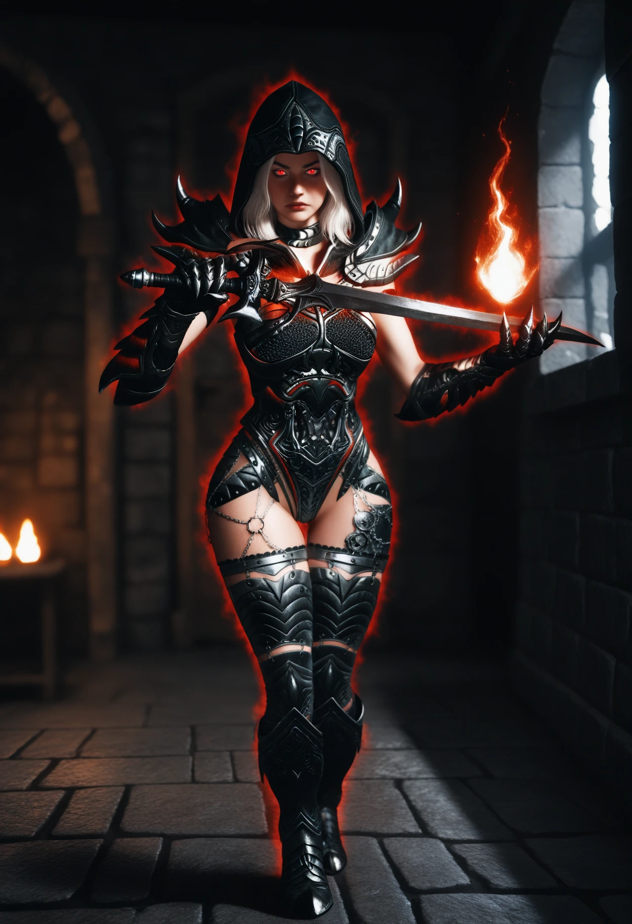 ((masterpiece, best quality, absurdres)),
1girl, solo, white hair:medium hair, red eyes,
indoors, dungeon, medieval, dark,
simple background, depth of field,
concentrating, looking at viewer,
aura:magic:fire, dynamic pose, holding sword,
full body,
<lora:Dark_DaedricReaper_Illust_v1:0.9> d4rkr34p3r, armor:pauldrons, hood, choker, gauntlets, chain:thighhighs, high heel boots,