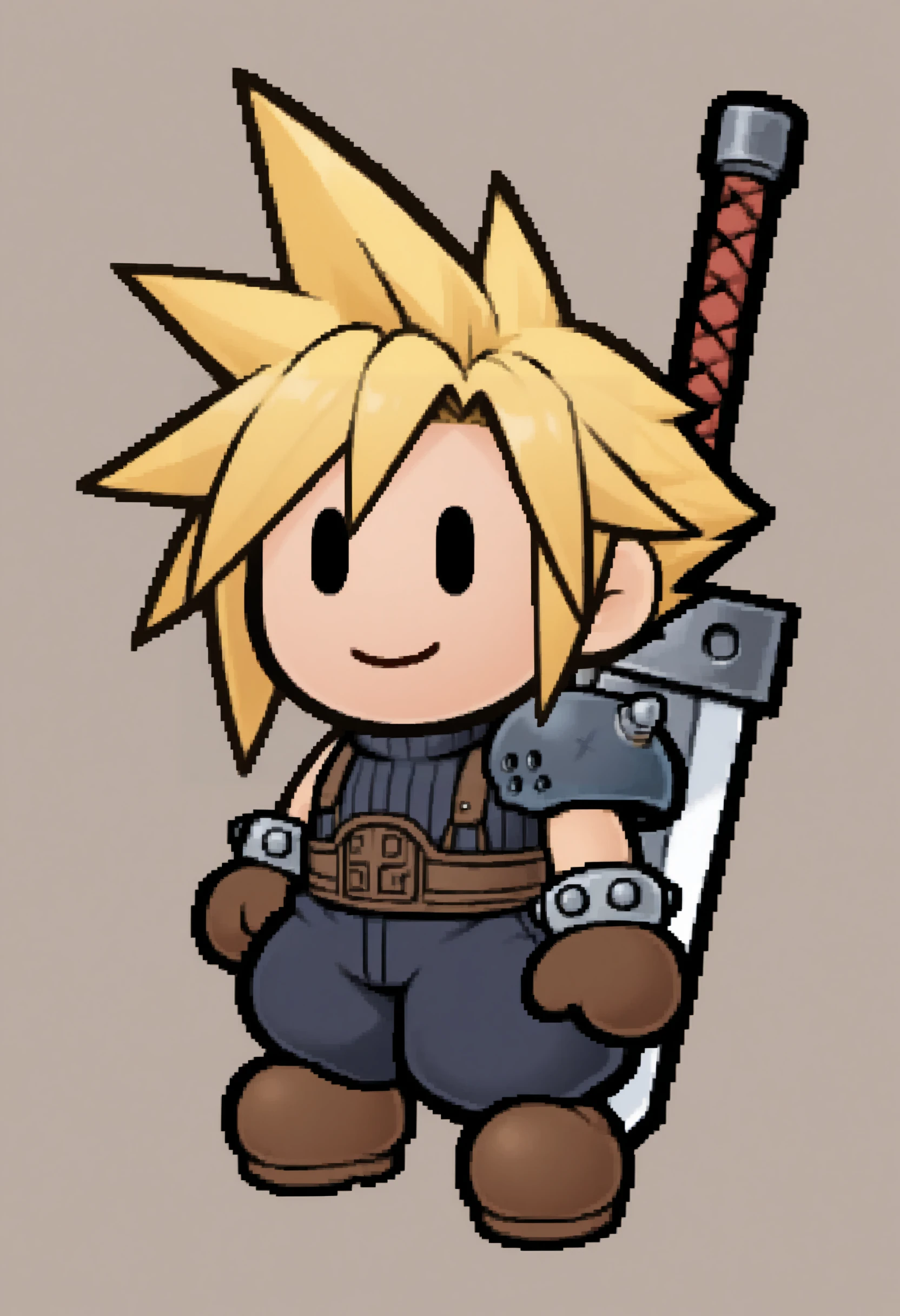 masterpiece, best quality, solo, 1boy, smile, looking at viewer, <lora:PM-TTYD-Sprites-illus_Fp:1>, chibi, simple background, full body, solid oval eyes, cloud strife, buster sword