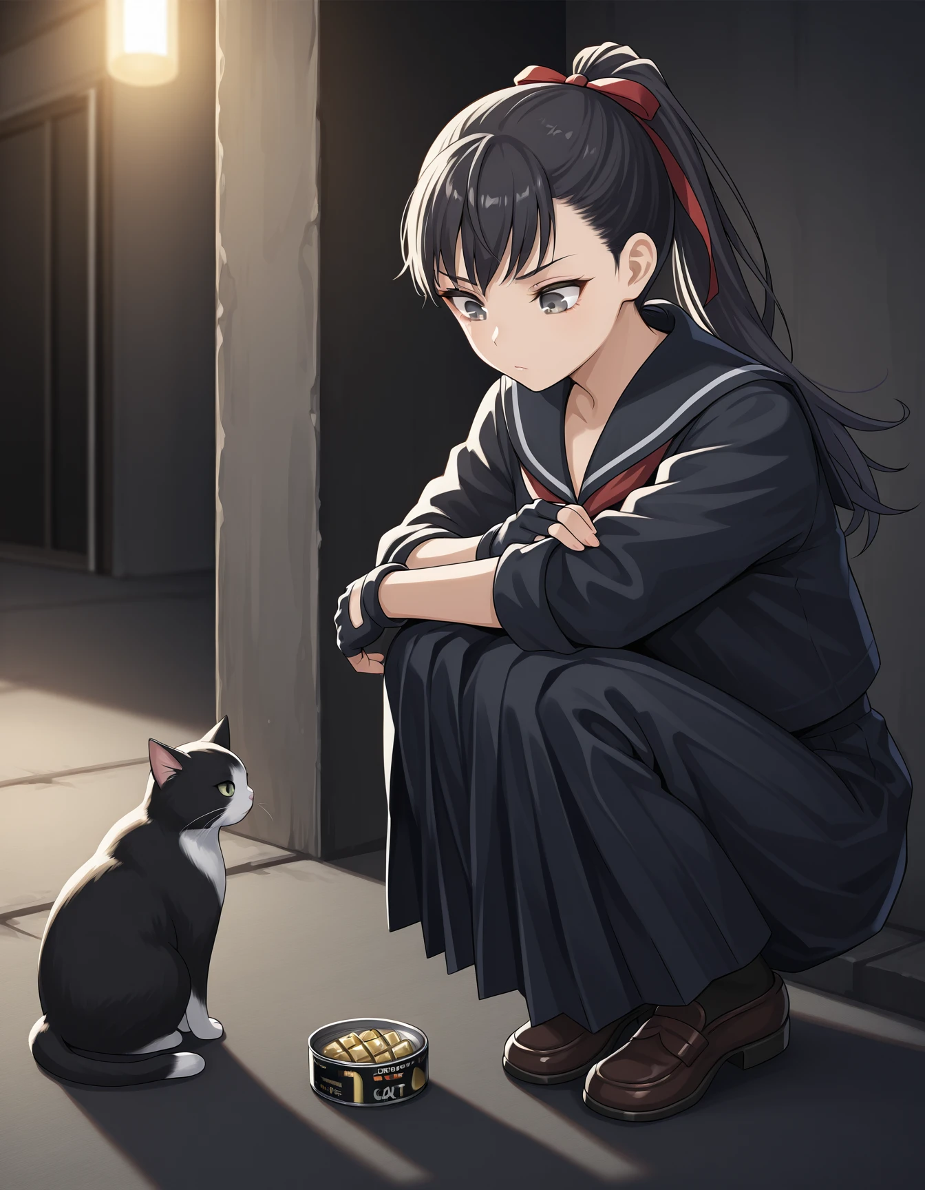 <lora:13sentinels-000020:0.8> takamiya, black hair, grey eyes, ponytail, black serafuku, long skirt, fingerless gloves, 1girl, canned food, cat, squatting, looking down
masterpiece, best quality, cinematic lighting