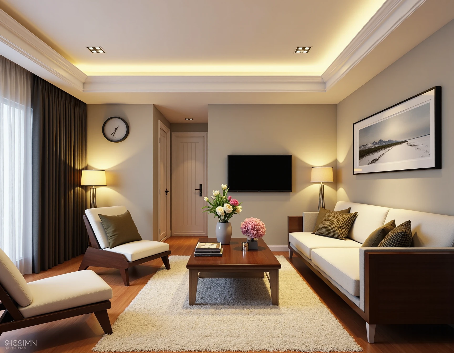 <lora:JJsLivingRoom_Flux:1> , ((living room)) ,((best quality)),((masterpiece)),((realistic)), photorealistic, chair , authentic, soft lighting,indoor scenery, tv ,wall ,rug , lamp, flower, vase , table ,ceiling light , plant, window ,curtain ,couch, dramatic lighting,