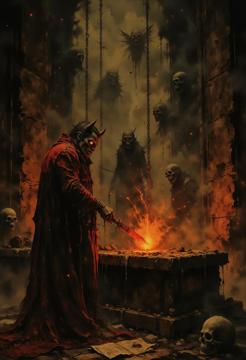 A fiery forge set deep within a cavern, glowing with molten metal and surrounded by jagged, obsidian walls. A demonic blacksmith with glowing orange eyes hammers on a blood-red blade, sparks flying in every direction. Chains hang from the cavern ceiling, rattling in the heat, while skeletal figures seem trapped in the walls, screaming silently. The forge's glow illuminates the blacksmith’s horrifying, horned silhouette against the shadows.