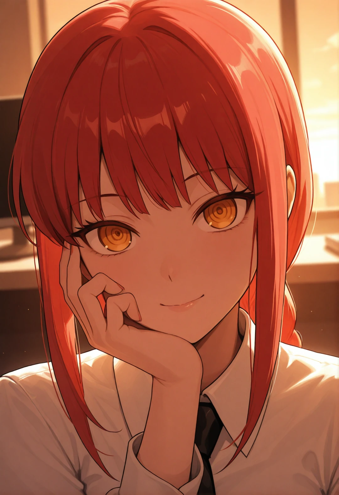 masterpiece, best quality, amazing quality, newest, absurdres, highres, solo,
makima, unique outfit, ringed eyes, looking at viewer, cute, soft smile, portrait,
office, warm lighting, sunset,
 <lora:Makima_IL:0.8>