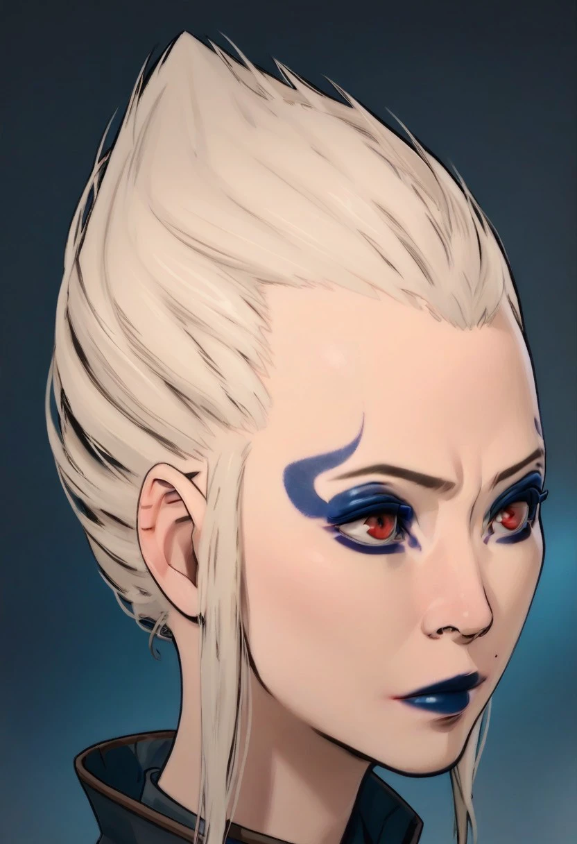score_9, score_8_up,score_7_up, score_6_up, score_5_up, score_4_up,
1girl, bg3fem_warlock, pale skin, blue makeup, blue lipstick, red eyes, white hair, pointed hair,
side view,
(((portrait))), facing viewer, looking at viewer, standing, simple grey background,