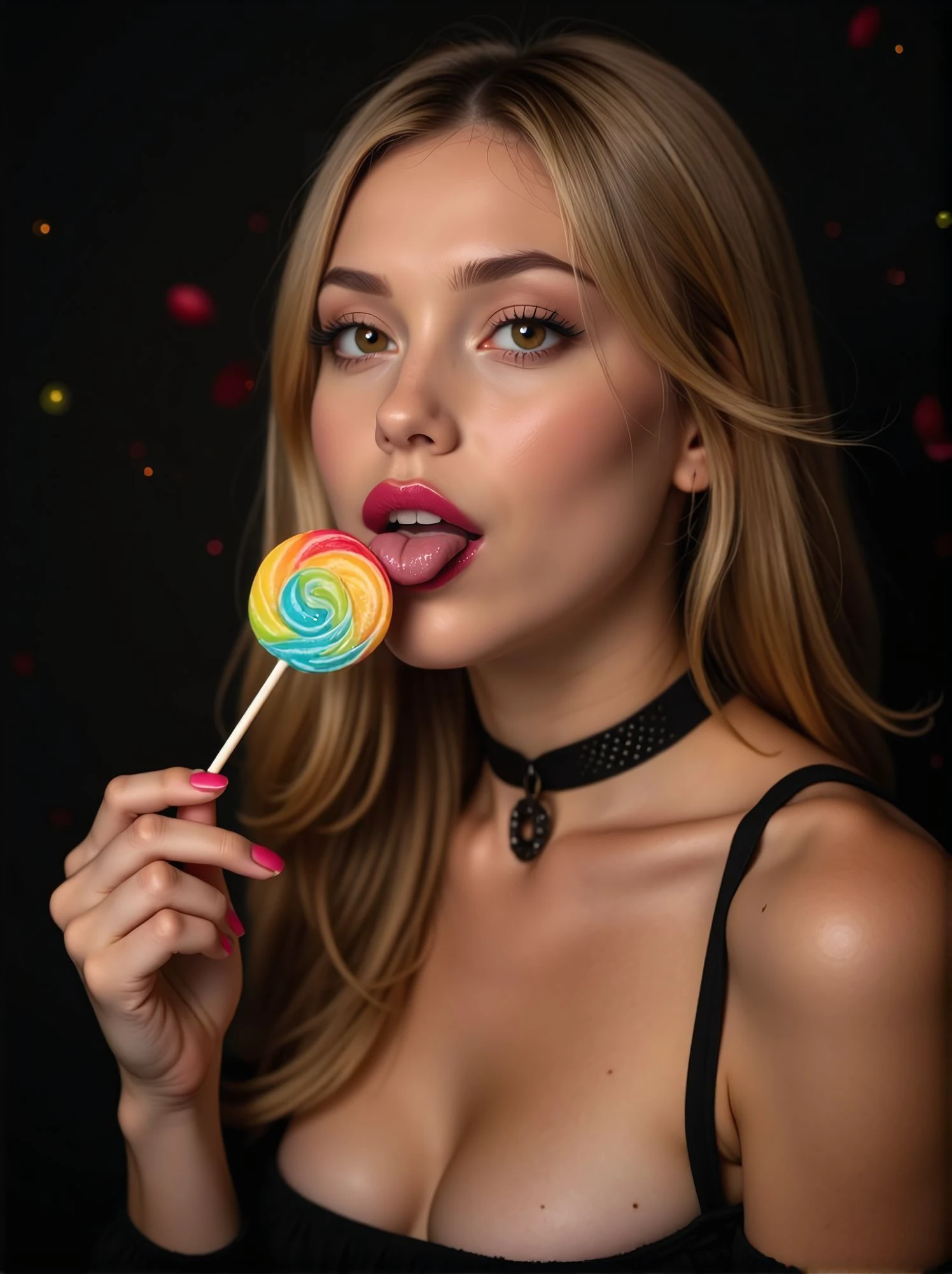 woman, looking at viewer, licking a candy, lollipop, open mouth, tongue out, dark background, bare shoulders, choker, eyeliner, seductive, flirtatious, floating hair, floating particles, detached sleeves, elegant, close, design nails, <lora:Woomy_6_Flux-000005:1> lipstick, big eyes, brown eyes, full lips, long hair, blond,