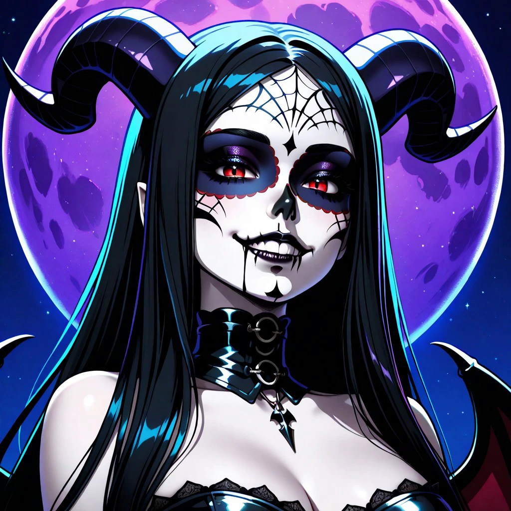 masterpiece, best quality, newest, absurdres, highres, anime, anime style, SugarSkullMakeup-IL-female, makeup, facepaint, SugarSkullMakeup-IL
1girl, white skin, white colored skin, pale skin, albino, albino skin, horns, demon horns, demon girl, succubus, wings, bat wings, demon wings, goth, goth girl, goth makeup, runny makeup, smile, grin, closed mouth,