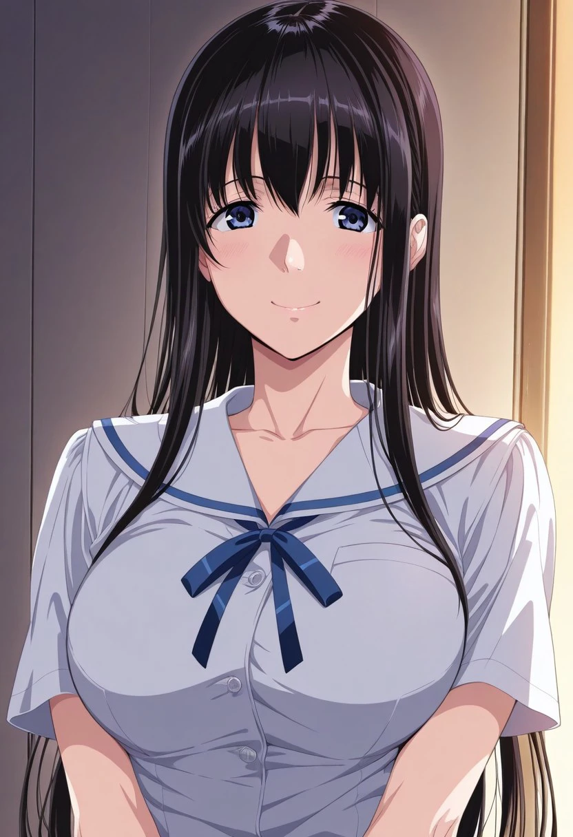 ((((masterpiece、Highest quality、High resolution)、anime)))、Black Hair、Beautiful breasts、(Dynamic pose)、looking at the camera、(Beautiful detailed face、Beautiful big eyes)、((One beautiful girl))、Good sensitivity、((Sexy pose))、((Embarrassed face))、Red cheeks、Spread your legs、(((Blushing with a bitchy expression)))、Disrupting the Japanese sailor uniform、Wear a blue flared skirt